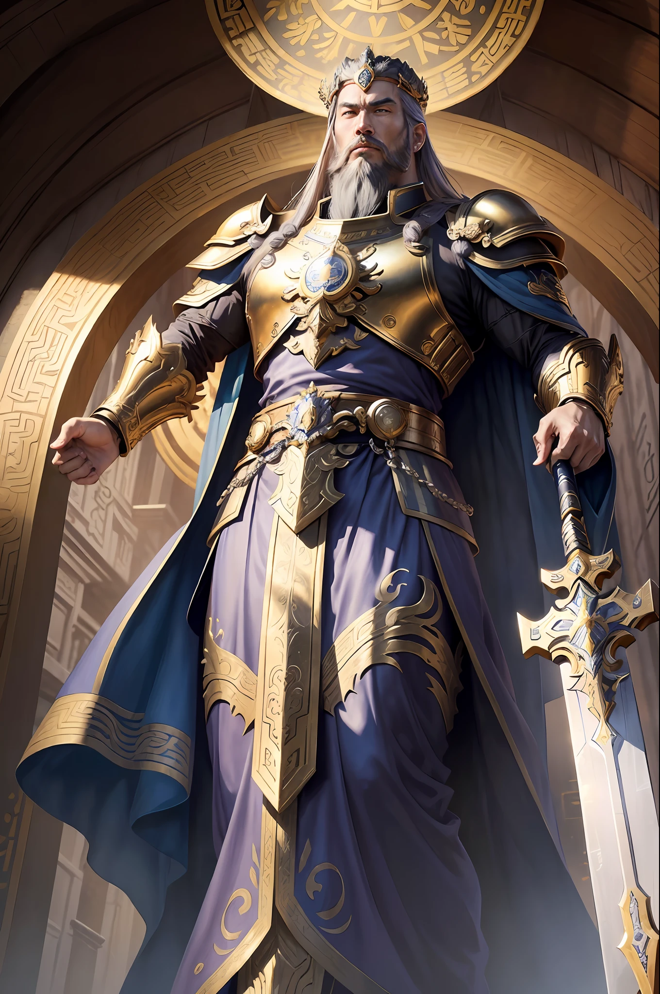 ((Best Quality)), ((Masterpiece)), (detailed), Depiction of the Yellow Emperor of Ancient Chinese Mythology, (Mythology: 1.2), (Majestic Appearance: 1.1), (Xuanyuan Sword in Hand: 1.2), Flowing Beard and Hair, Muscular Physique, Wearing a Crown Made of Gold, Mount Meru, (Terran Emperor Realm: 1.1), (Powerful Being: 1.2), (Terran Emperor: 1.1), (Divine Aura: 1.1), (Human Emperor Armor: 1.1), 8k resolution.