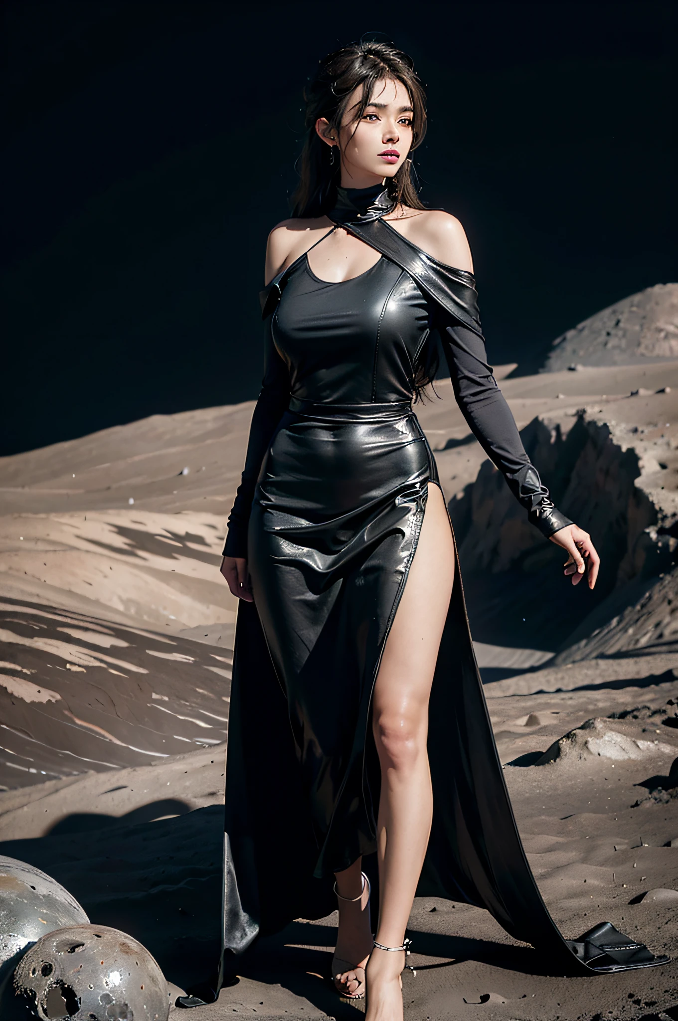 (Skindentation), Solo, Realistic, Best Quality, Photorealistic, Masterpiece, 8K, High Resolution, Solo, Highly Detailed Face, 30-year-old woman, (High Top Fade: 1.3), long hair, dark theme, soothing tones, muted colors, high contrast, (natural skin texture, hyper-realism, soft light, sharp), elegant, full-body, ((Big: 1.5)), dress, ((looking at the Earth from the surface of the moon))