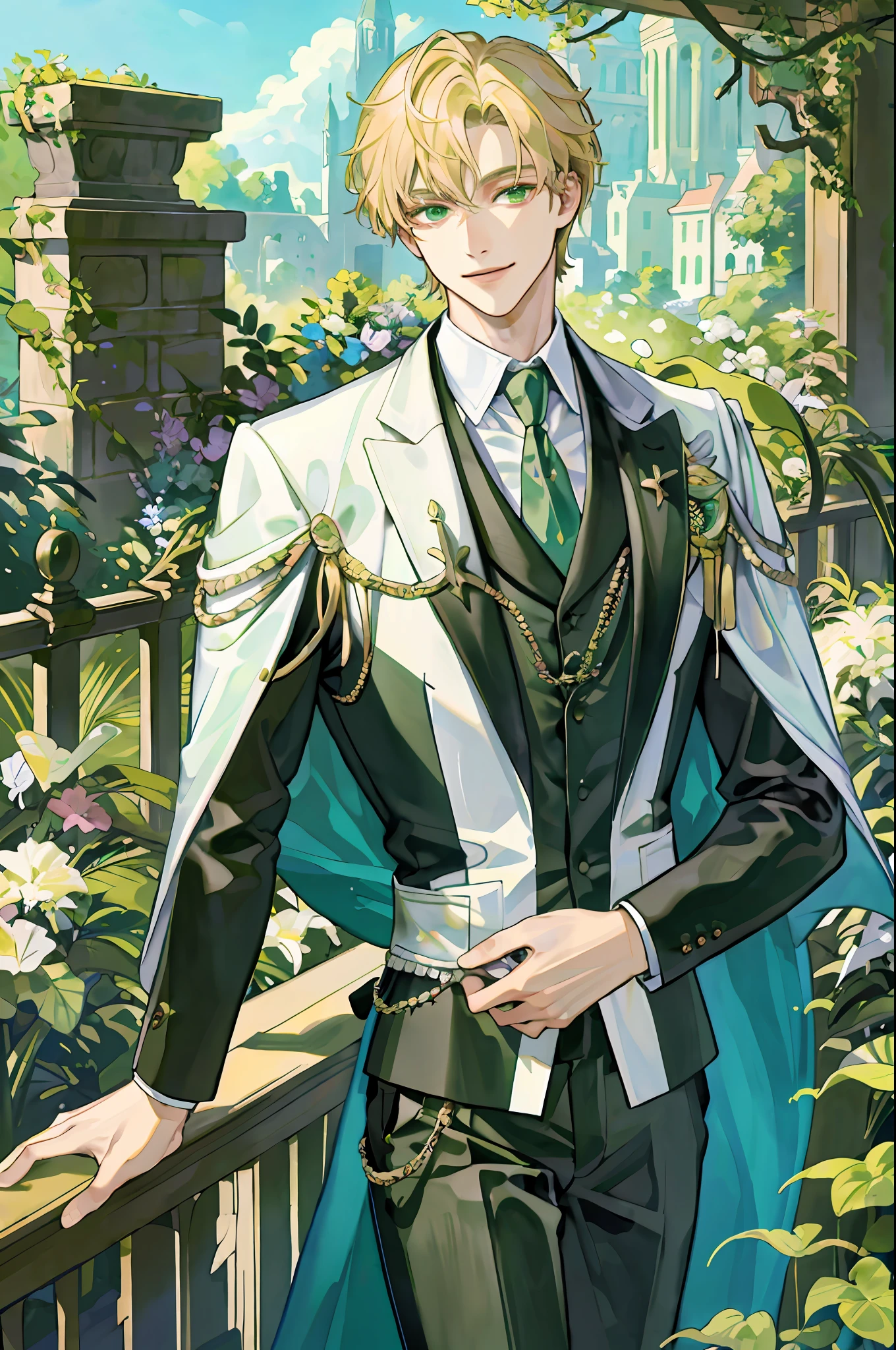 ((masterpiece:1.2, best quality)), 4k, adult, 1man, male, royal, nobleman, very tall, bangs, short straight blonde hair, green eyes, smile, face, portrait, suit, garden