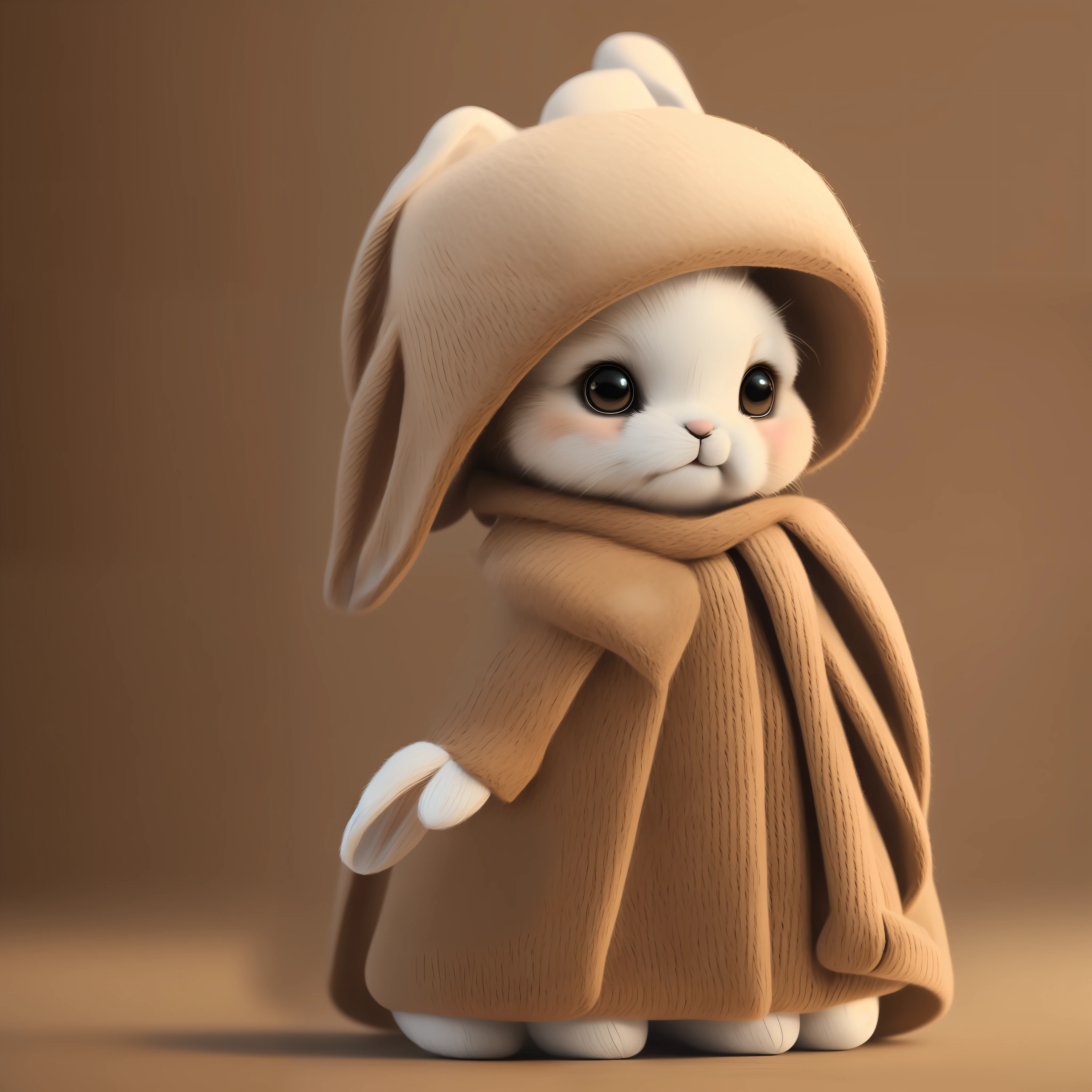 Generate a cute bunny with realistic details, 8k, best quality, masterpiece, super high resolution, one ear is bent, wearing clothes, wearing a hat, and two front paws raised