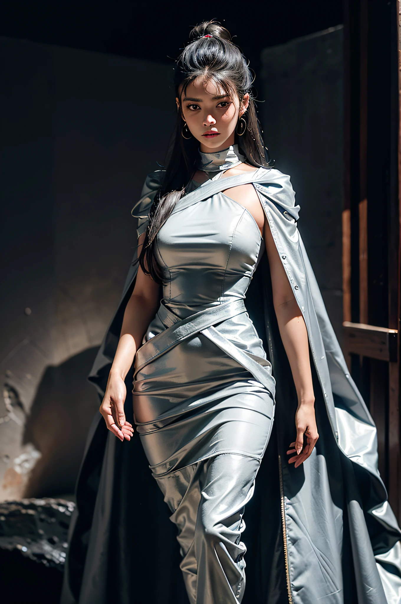 (Skindentation), Solo, Realistic, Best Quality, Photorealistic, Masterpiece, 8K, High Resolution, Solo, Highly Detailed Face, 30-year-old woman, (High Top Fade: 1.3), long hair, dark theme, soothing tones, muted colors, high contrast, (natural skin texture, hyper-realism, soft light, sharp), elegant, full-body, ((Big: 1.5)), dress, ((looking at the Earth from the surface of the moon))