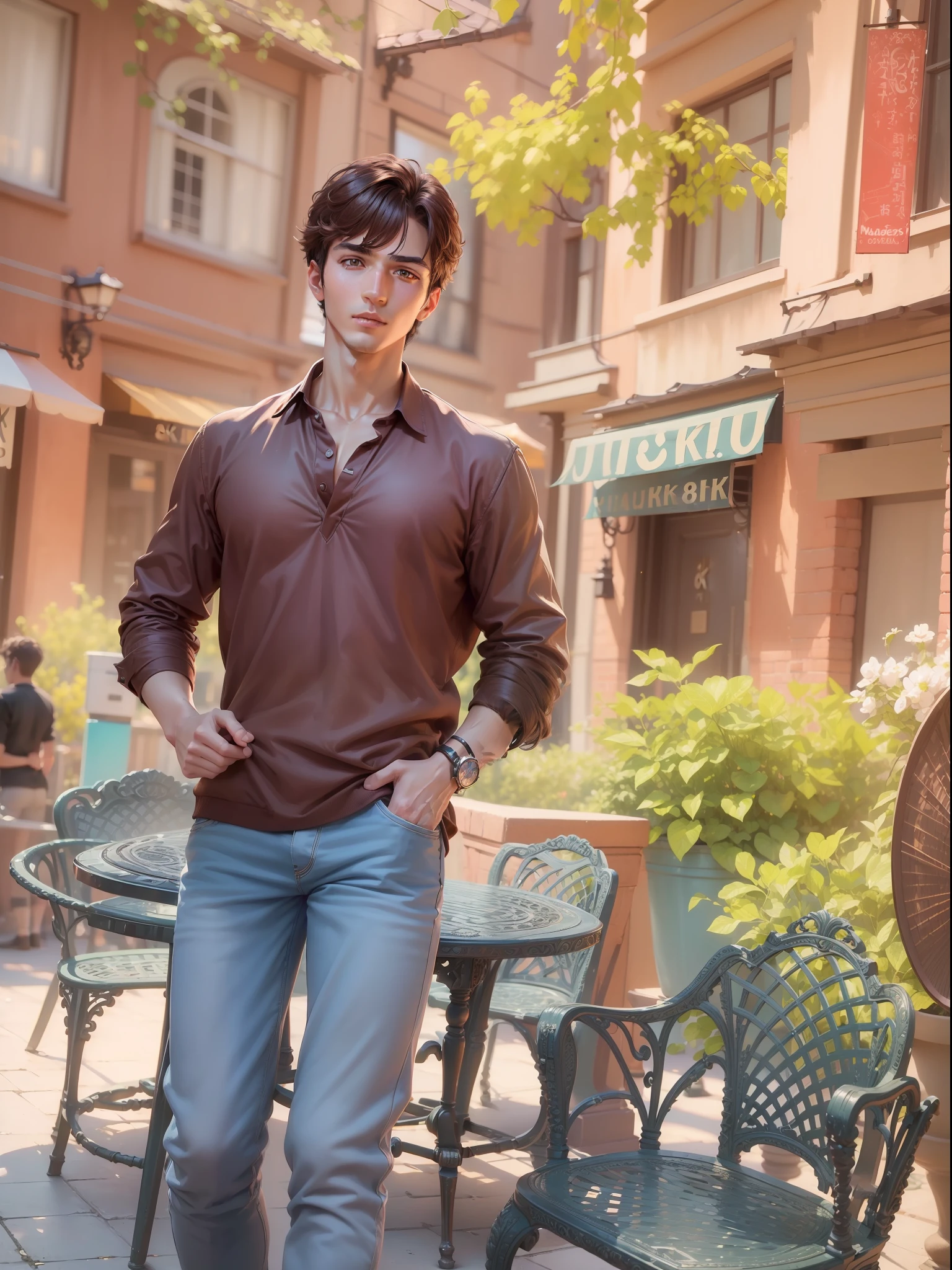 ((Best quality, 8k, Masterpiece :1.3)), Sharp focus :1.2, A pretty man with perfect figure :1.4, Slender abs :1.2, ((Dark brown hair, Big breasts :1.2)), (Natural light, City street:1.1), Highly detailed face and skin texture, Detailed eyes, Double eyelid cute and attitude boy mixed.