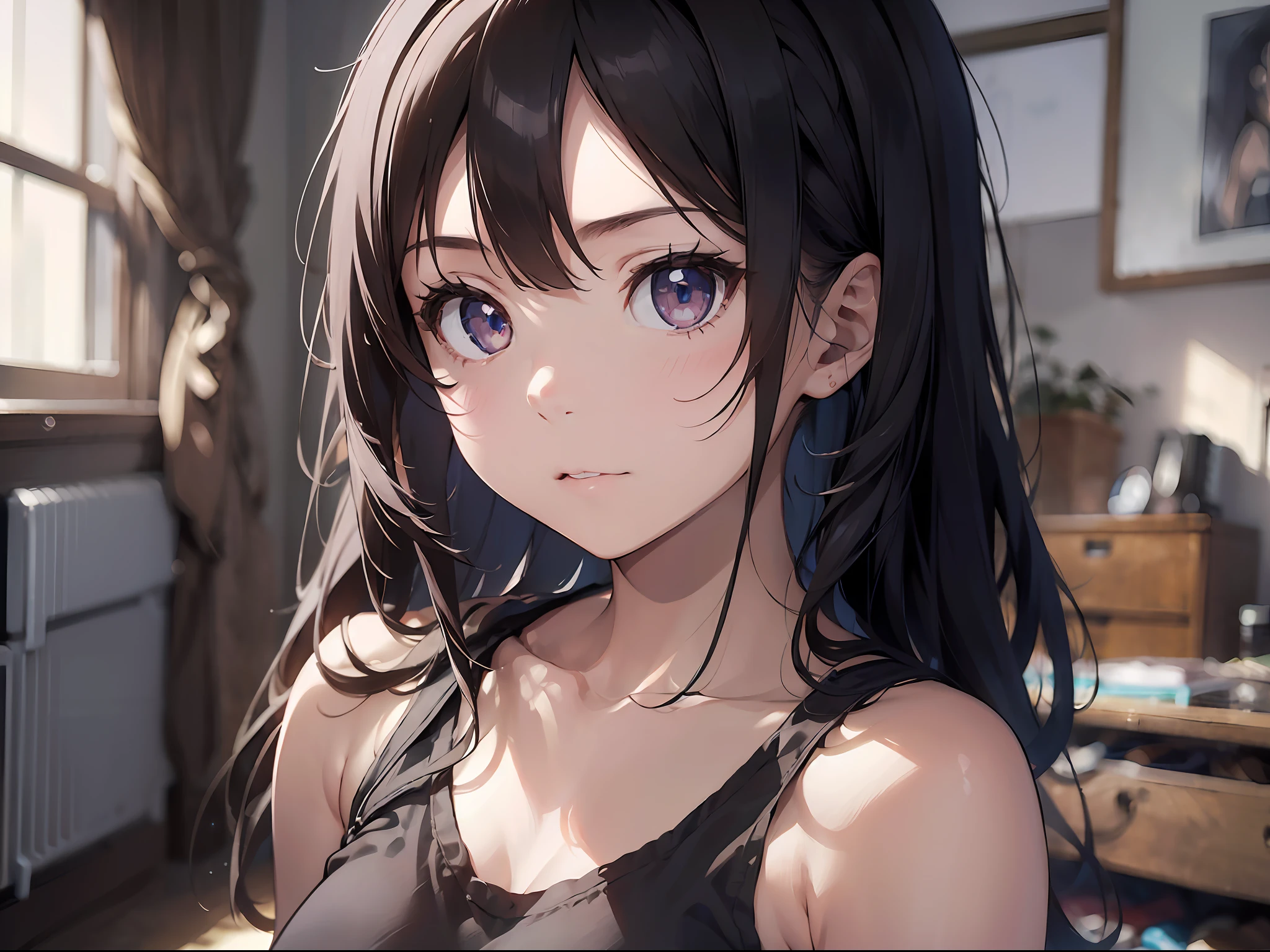 1girl, (solo:1.2), ((masterpiece)), (shadow), [slim], (small breasts), ((sharp focus)), pale skin, ((detailed eyes)), (blurry background), (dynamic angle), black hair, closed mouth, tank top, interior, living room, messy hair, looking at viewer