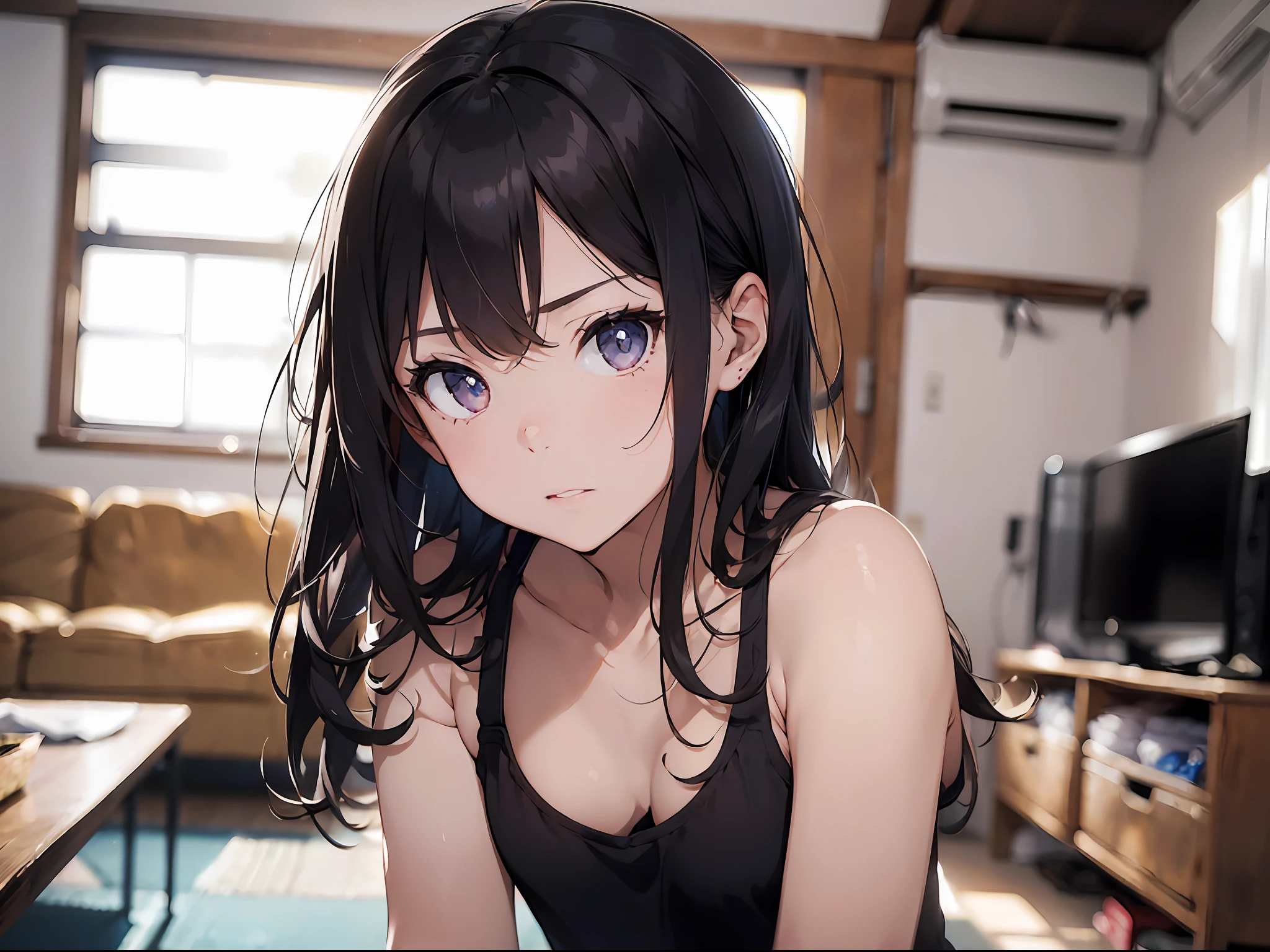 1girl, (solo:1.2), ((masterpiece)), (shadow), [slim], (small breasts), ((sharp focus)), pale skin, ((detailed eyes)), (blurry background), (dynamic angle), black hair, closed mouth, tank top, interior, living room, messy hair, looking at viewer