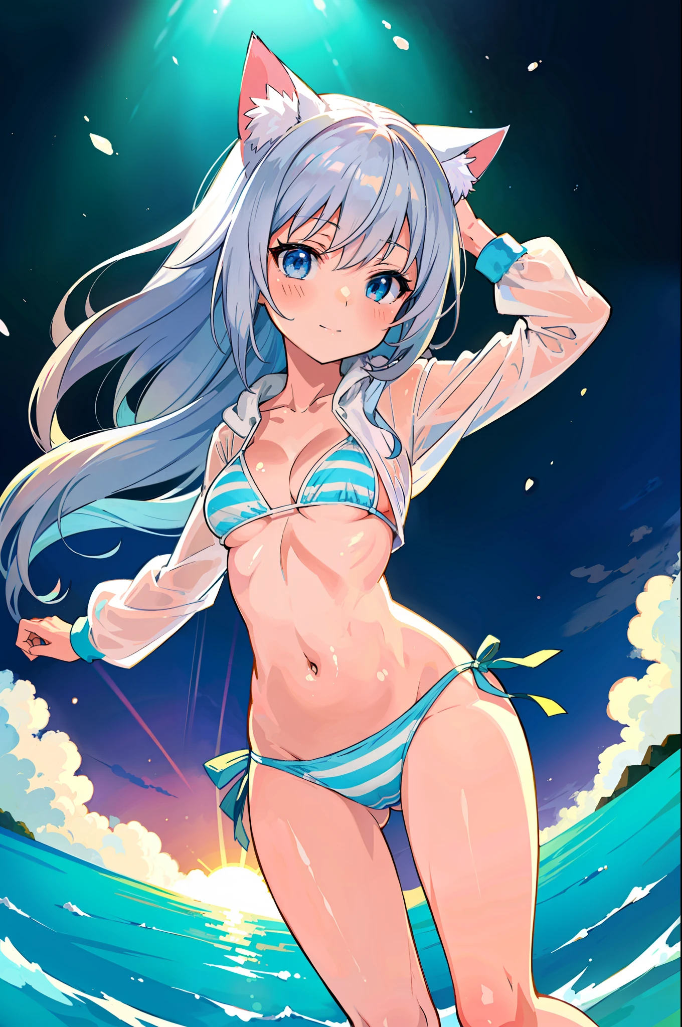(Masterpiece), (Top Quality Anime Illustration), (Super Definition), One Girl, Solo, Beautiful Girl with Silver Hair, Anime , Cat Ear Lolitite, Cleavage Emphasis, Underboob, Thigh Emphasis, White and Light Blue Striped Bikini, See-Through Hoodie, South Island Sea, Water