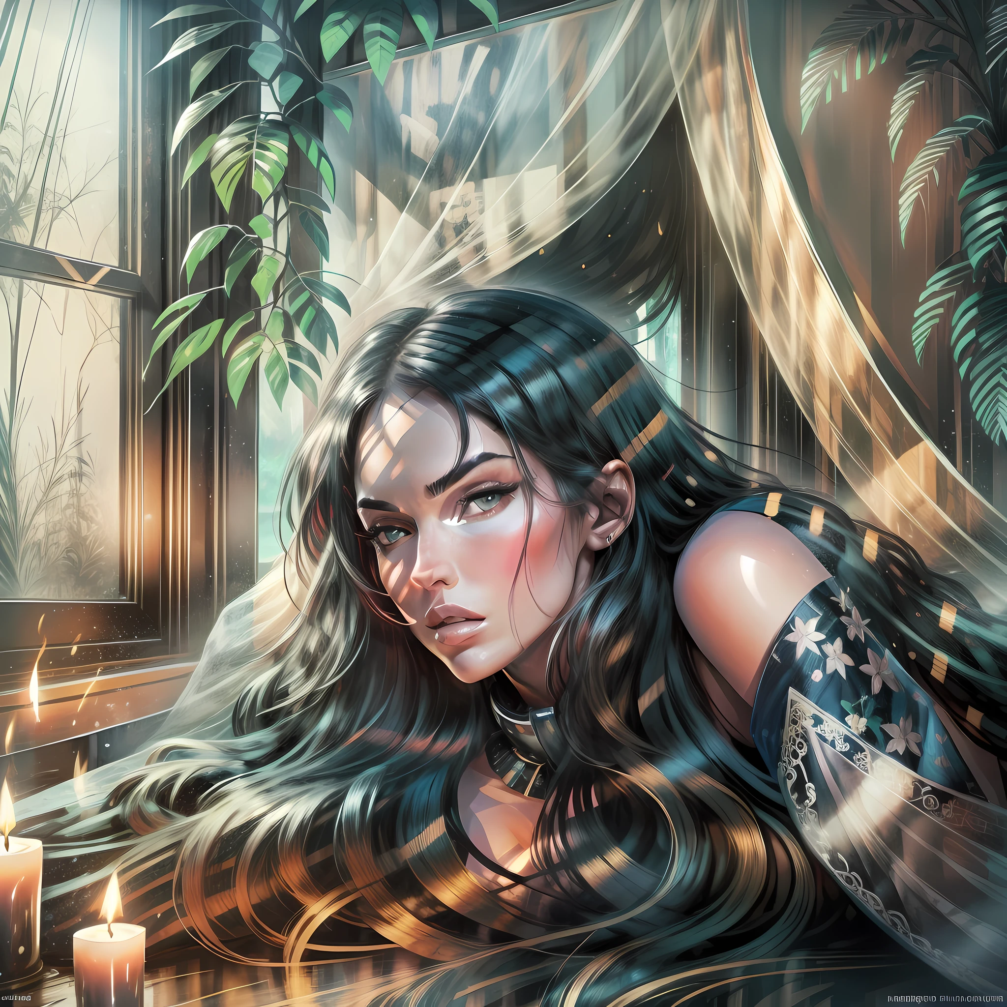 A portrait of Megan Fox, lying in bed under dark sheets, bright eyes, long, slightly wavy hair, scenery with a window and decorative plants, half-dark and shaded theme, lit candles