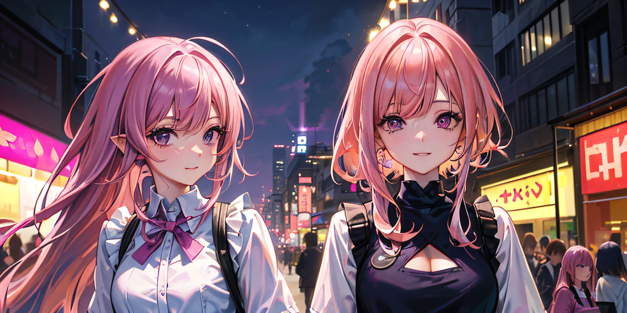 (((Ultra High Detail))), (((Ultra High Resolution))), (((Face Detail))), ((2 Girls)), (((Pink Hair: 1.2))), (((purple hair))), walking side by side, bust, one handing food to the other, smiling happily, night market, lively streets at night, festive atmosphere.