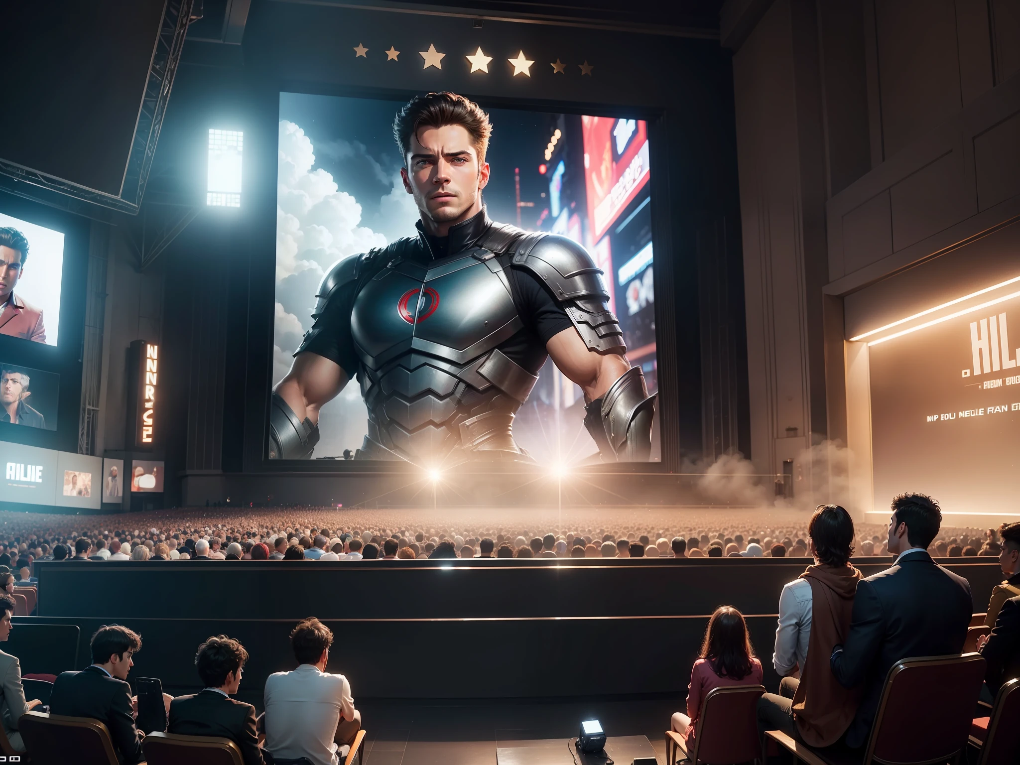 The movie of the male star is on the big screen, the fans are excited, there are many people, and the back