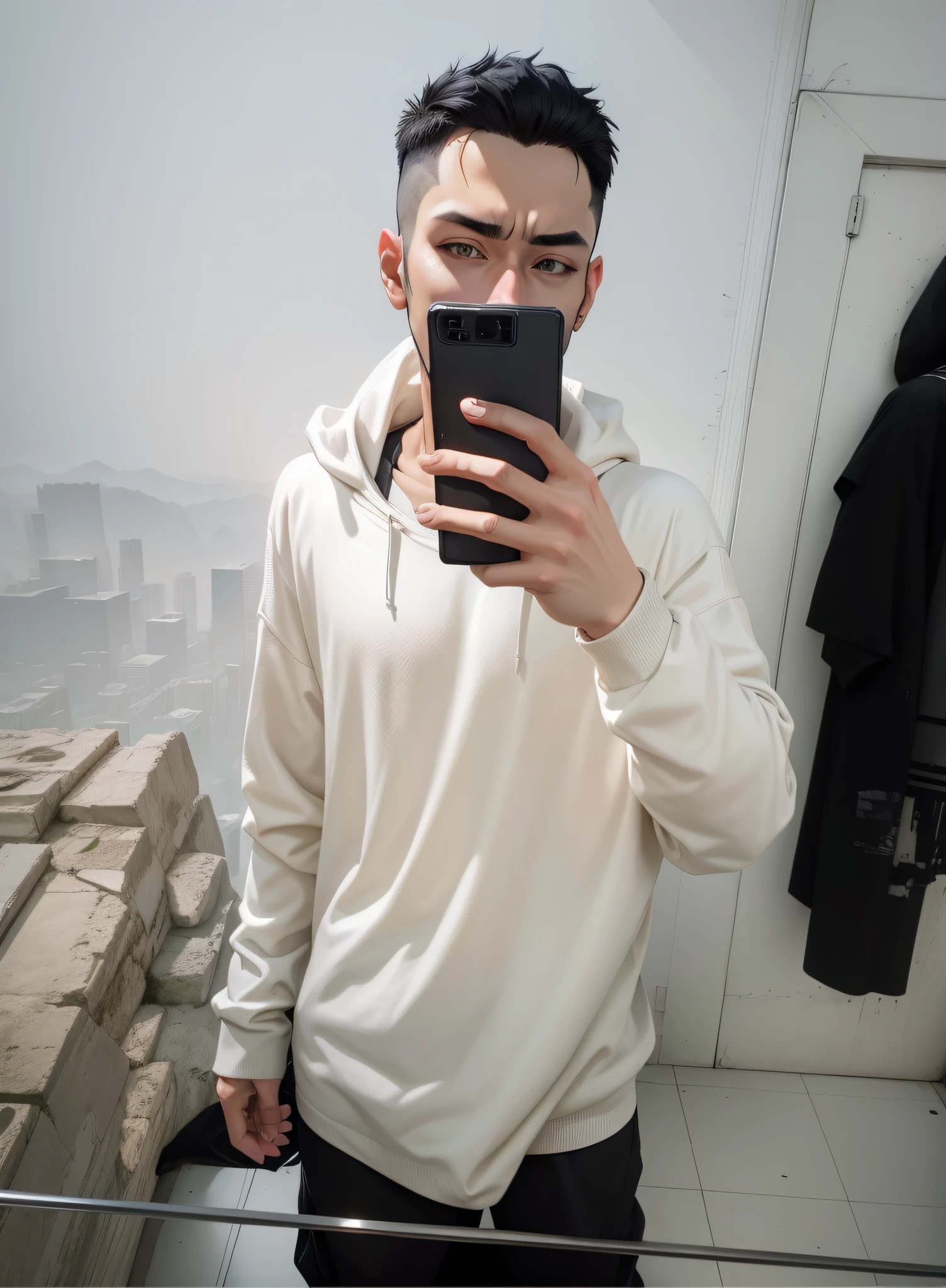 man, full body, wearing black clothing, holding cell phone in one hand, black hair, short hair, cyberpunk background landscape, white fur color, anime style, Japanese style, 8k, ultra realistic, many details, high details --auto --s2