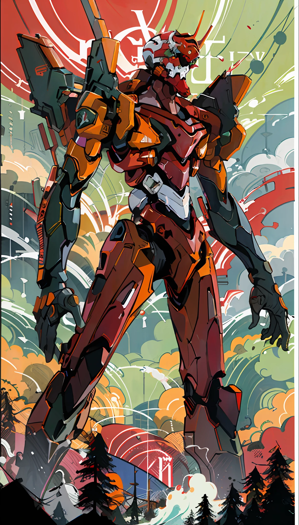 Eva 02, Eva, Evangelion Mecha, Science fiction, Look at the audience, (official art, best quality, Masterpiece: 1.2), illustration, high resolution, beautiful abstract background, futuristic, manga style