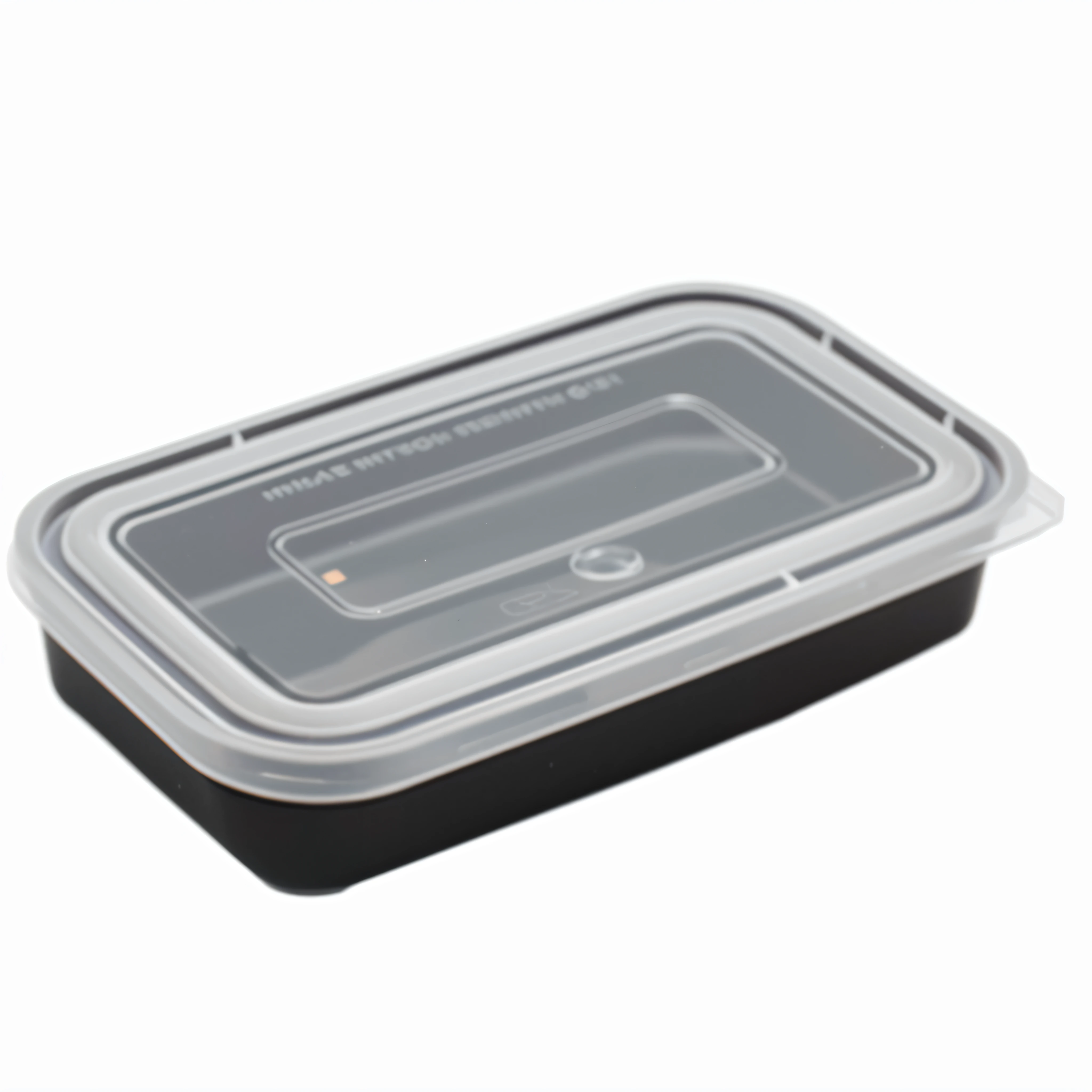 Close up of plastic container with lid, rectangular, plastic, transparent background, rectangular, extremely high quality, transparent plastic lid with a corner protruding from the lid, black container