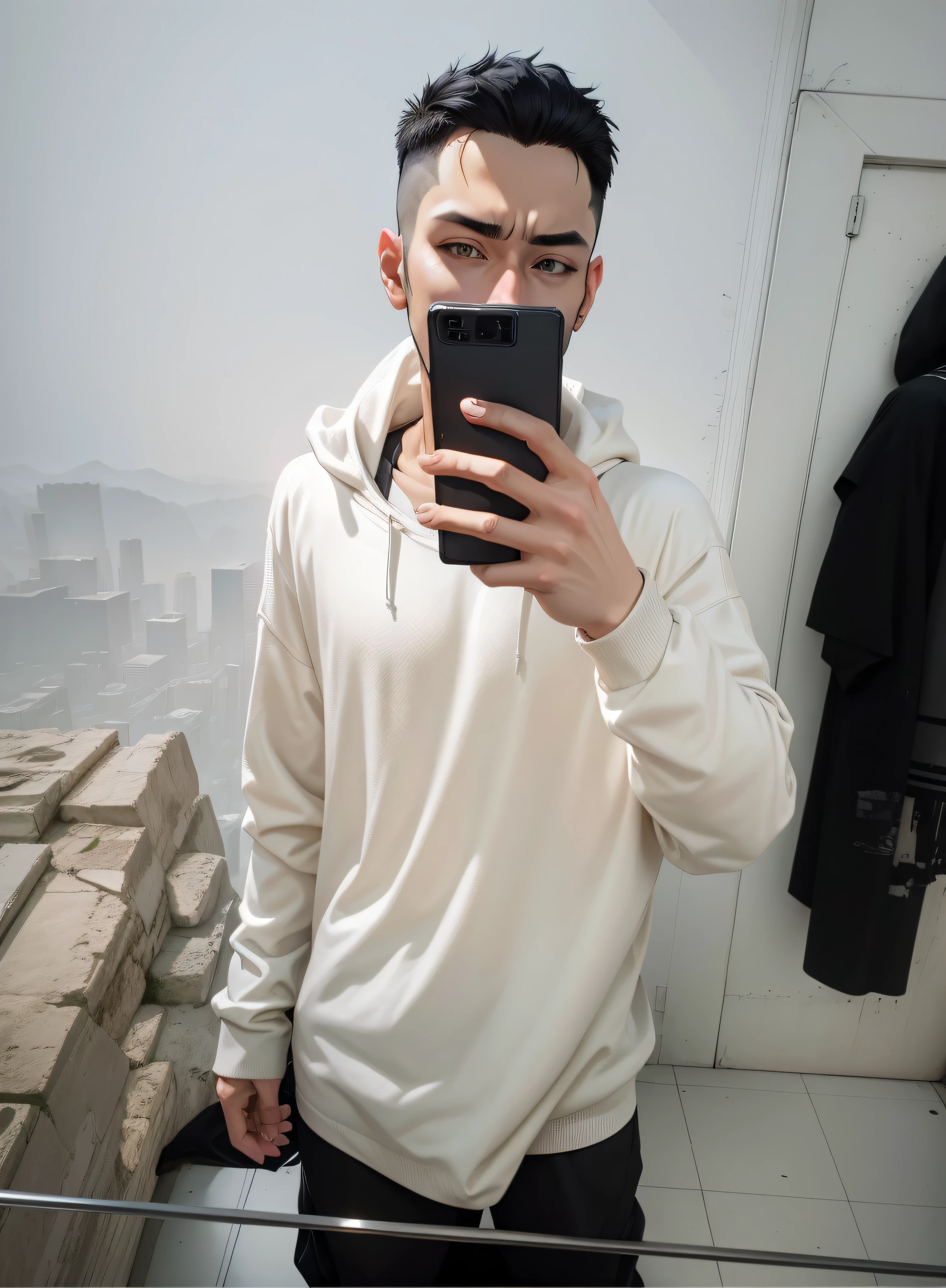 man, full body, wearing black clothing, holding cell phone in one hand, black hair, short hair, cyberpunk background landscape, white fur color, anime style, Japanese style, 8k, ultra realistic, many details, high details --auto --s2