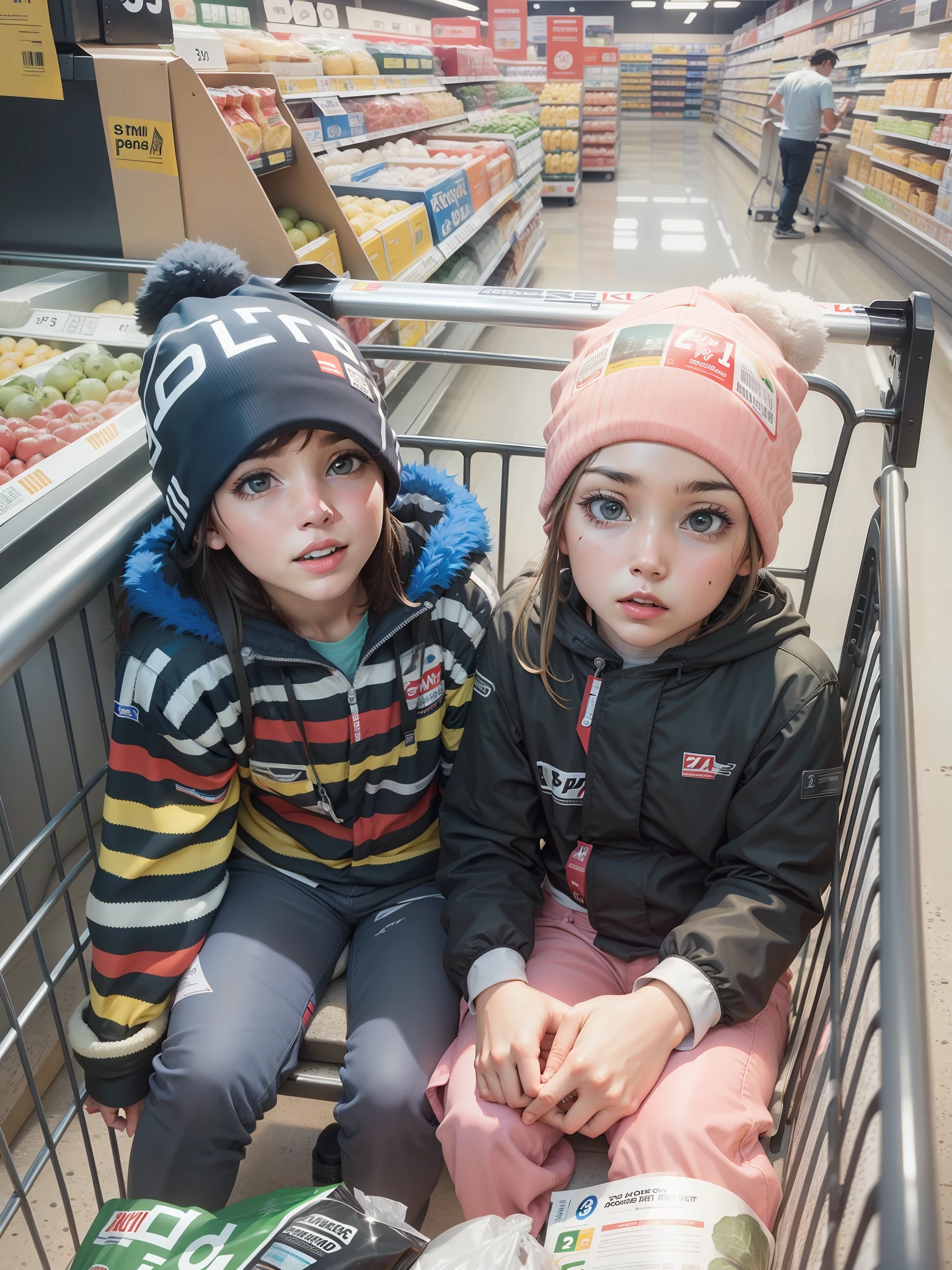 Sitting in the race car inside the supermarket