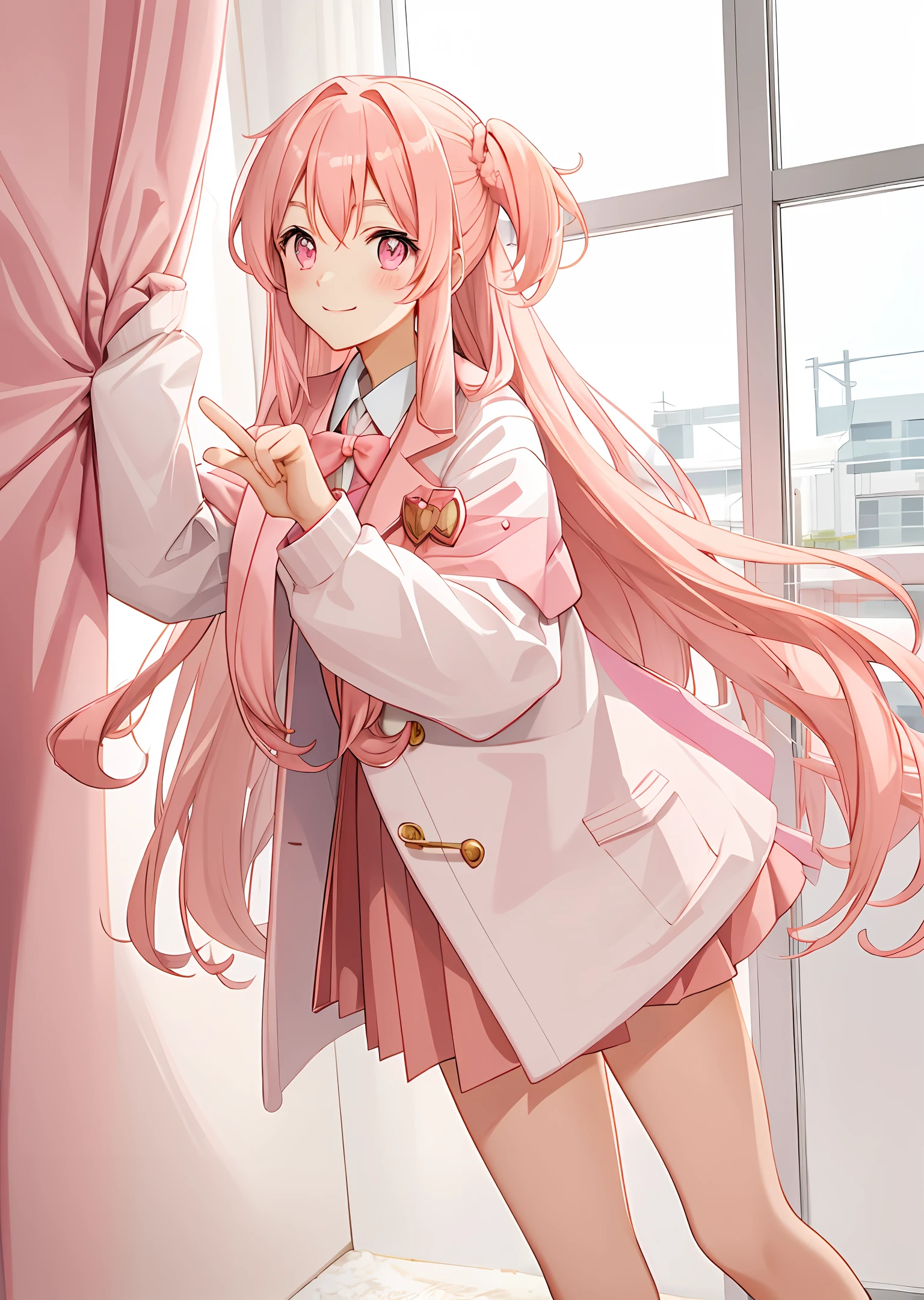 woman pink peach long hair peach pink eyes high school coat winter cute shy smile
