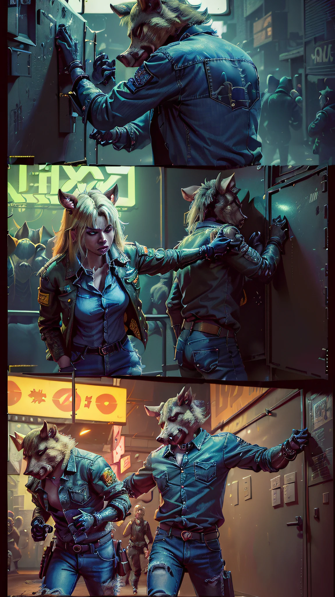 ((ACTION SCENE)), ((furry)) (((TWO FRAMES ONE PAGE)), ((furry)) (( anthropomorphic boar, open button shirt, jeans) FOUGHT with a furry fox),| cyberpunk ((cybernetic body parts)), ((Best quality)), ((masterpiece)), (highly detailed:1.3), Neon Noir, YELLOW NEON LIGHT FROM CITY SIGNS MONITOR, GREEN NEON SIGNS ON THE WALL, ((action scene))