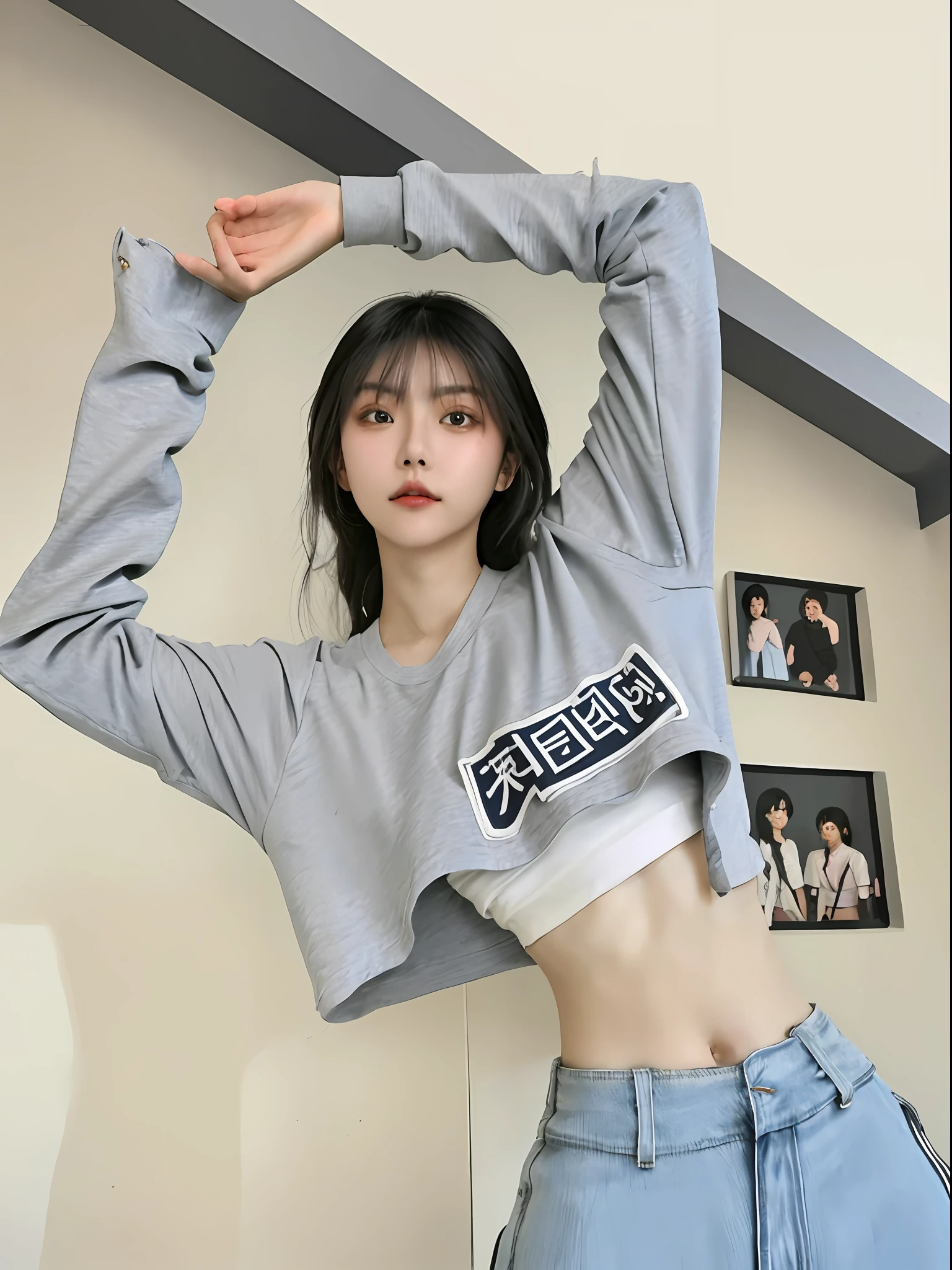 arafed asian woman in a gray shirt posing for a picture, korean women's fashion model, with ripped crop t - shirt, cropped wide sleeve, 2 0 2 0 fashion, photo of slim girl model, woman in streetwear, japanese streetwear, croptop, wearing crop top, 2 4  old female model, cute sportswear, lulu chen, open v chest clothes