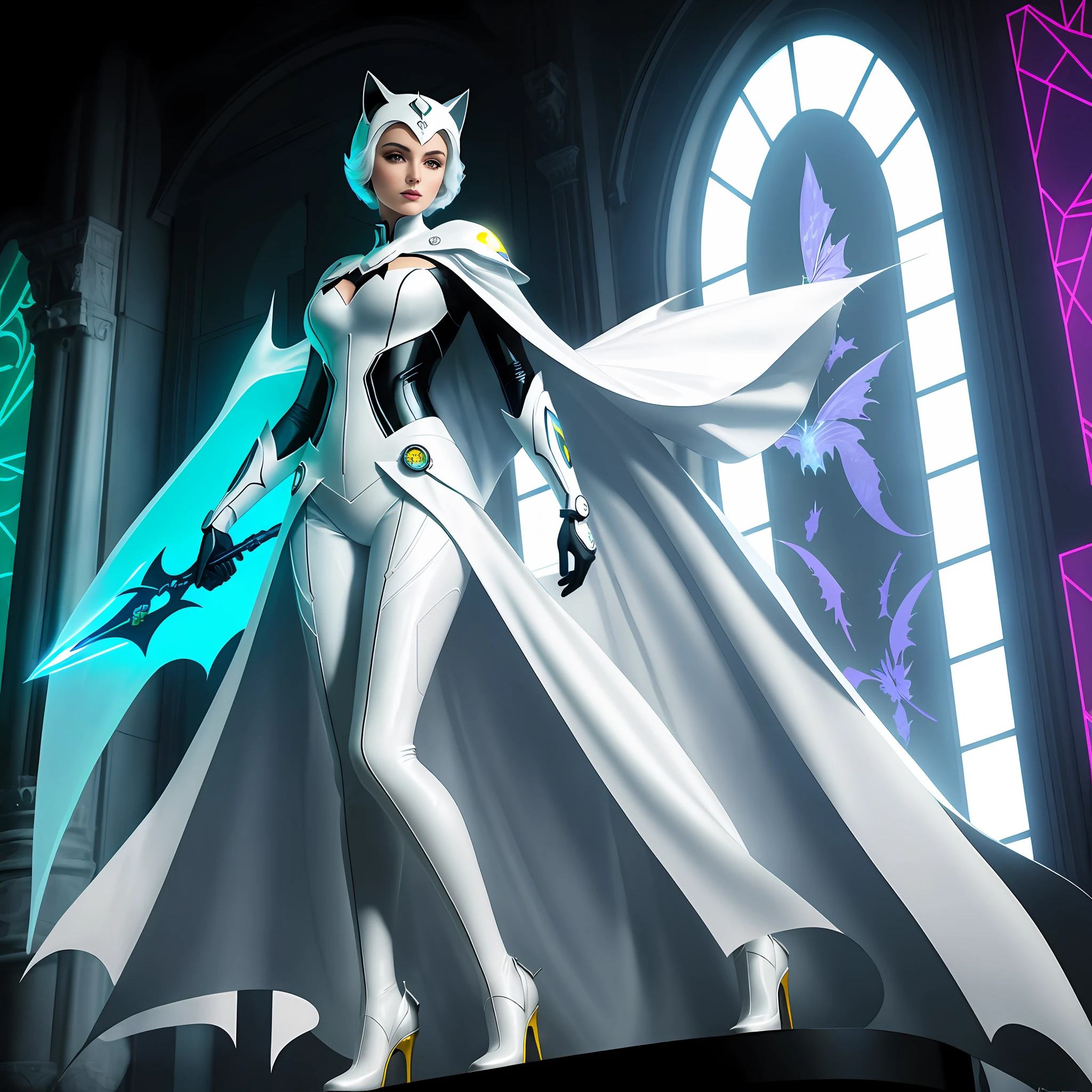 A captivating image of an enigmatic White Catwoman with a fiery, ethereal cape, standing on a high, arched platform in a futuristic, neon-lit museum. The woman wears a brightly colored, intricate, and patterned outfit with intricate details, highlighted by bold, geometric patterns. The museum's walls are filled with exotic, futuristic objects, including a bat-winged watch, an ethereal, glowing bat, and a futuristic mechanical arm. In the foreground, a sleek, futuristic suit and lasso are held by a museum employee, showcasing the powerful, mechanical power of the woman. wide-angle lens, long exposure, high ISO