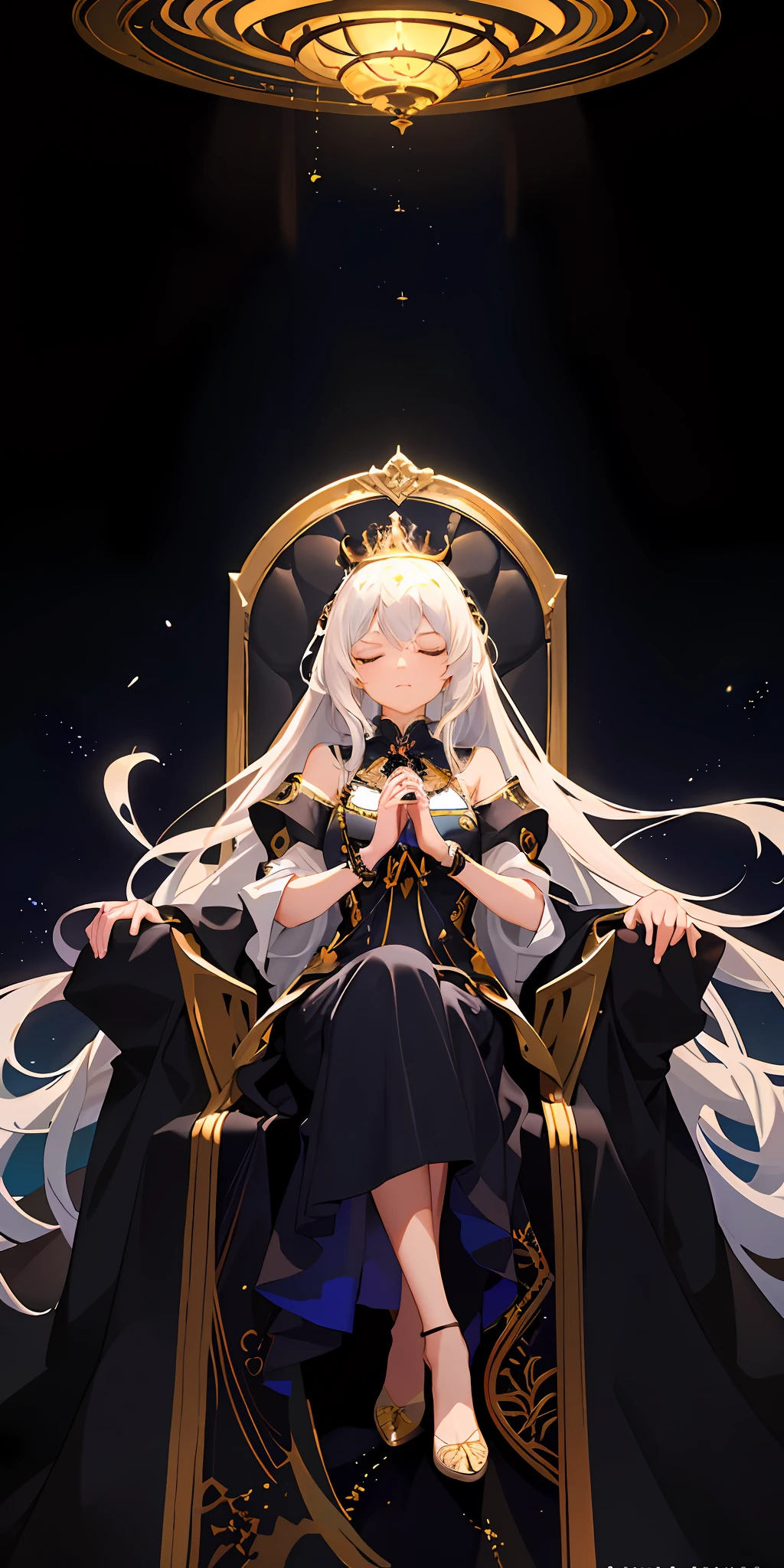 (Masterpiece: 1.2), highest quality, (Illustration: 1.2), Hyper detail, (Delicate detail), (Intricate detail), (Cinematic light, highest quality backlight), Clear line, from below, Soloist, Perfect body, (1 girl), White hair and yellow eyes, (Emperor, black see-through clothes), (Crown: 1.1), sit on the throne, close your eyes a little, Head down, (shy: 1.2), (makeup), high contrast, (best lighting, very creative and beautiful), (cinematic light), colorful, pose that prompts for taking hands with the left arm slightly raised