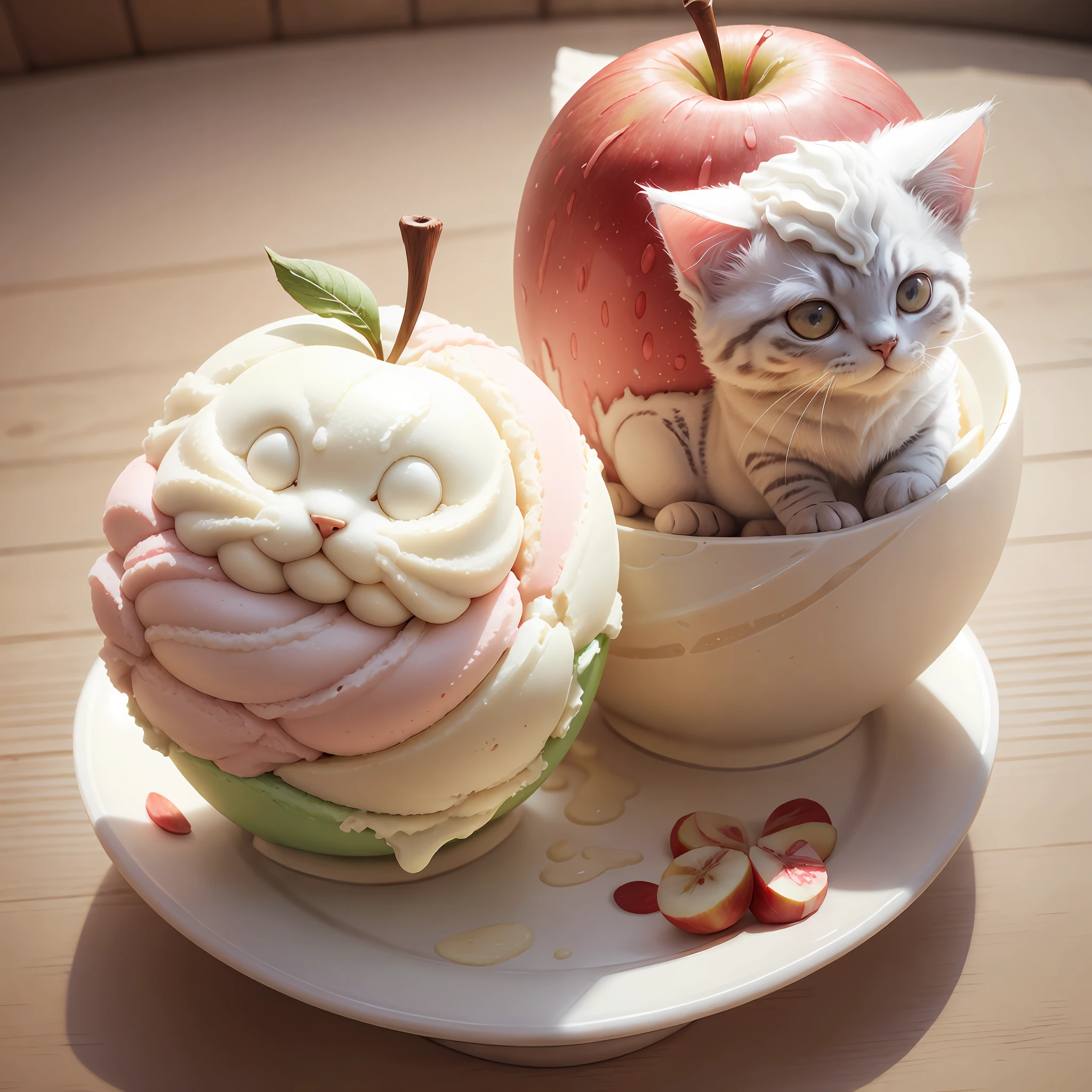 An ice cream-style apple is painted with a kitten on it