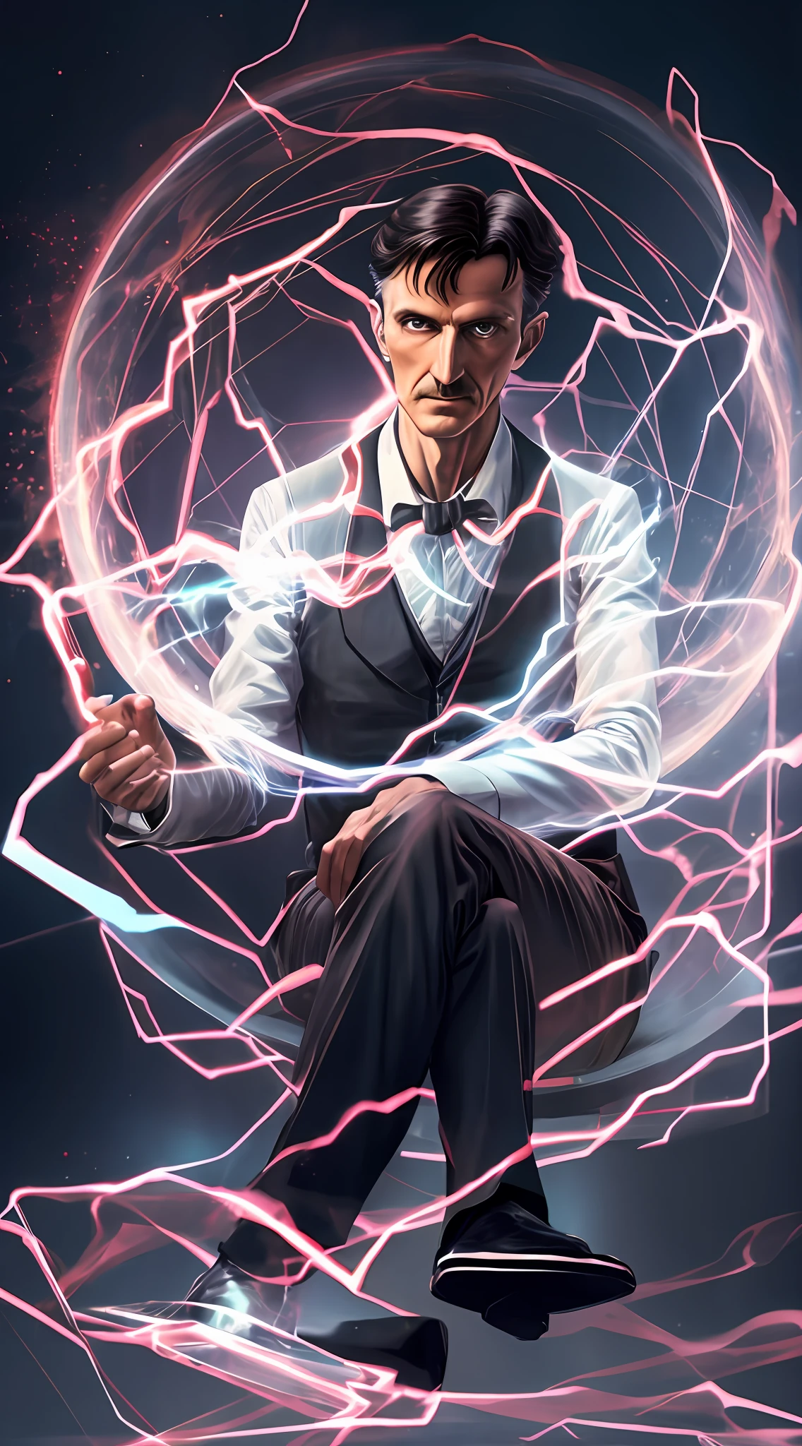 Nikola tesla sitting, holding energy in his hands --auto --s2