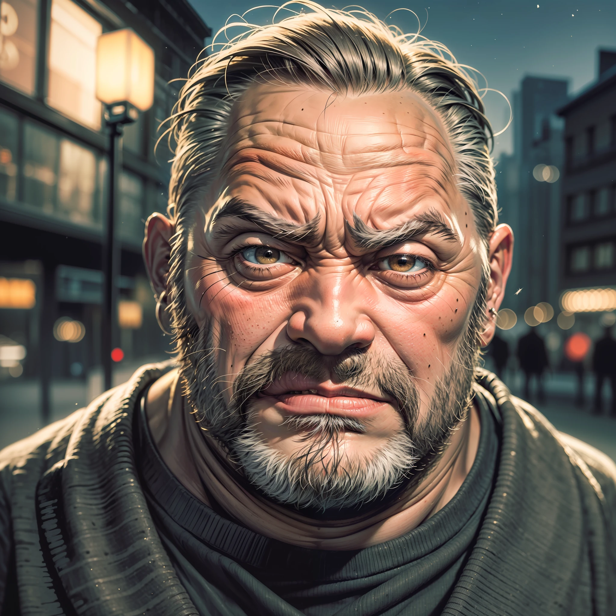 Portrait of european old fat guys, (angry), (dark brown eyes), detailed skin, realistic, sweater, tatoo, soft shadows, Fujifilm X3, ((masterpiece: 1.3)), (at night: 1.4)