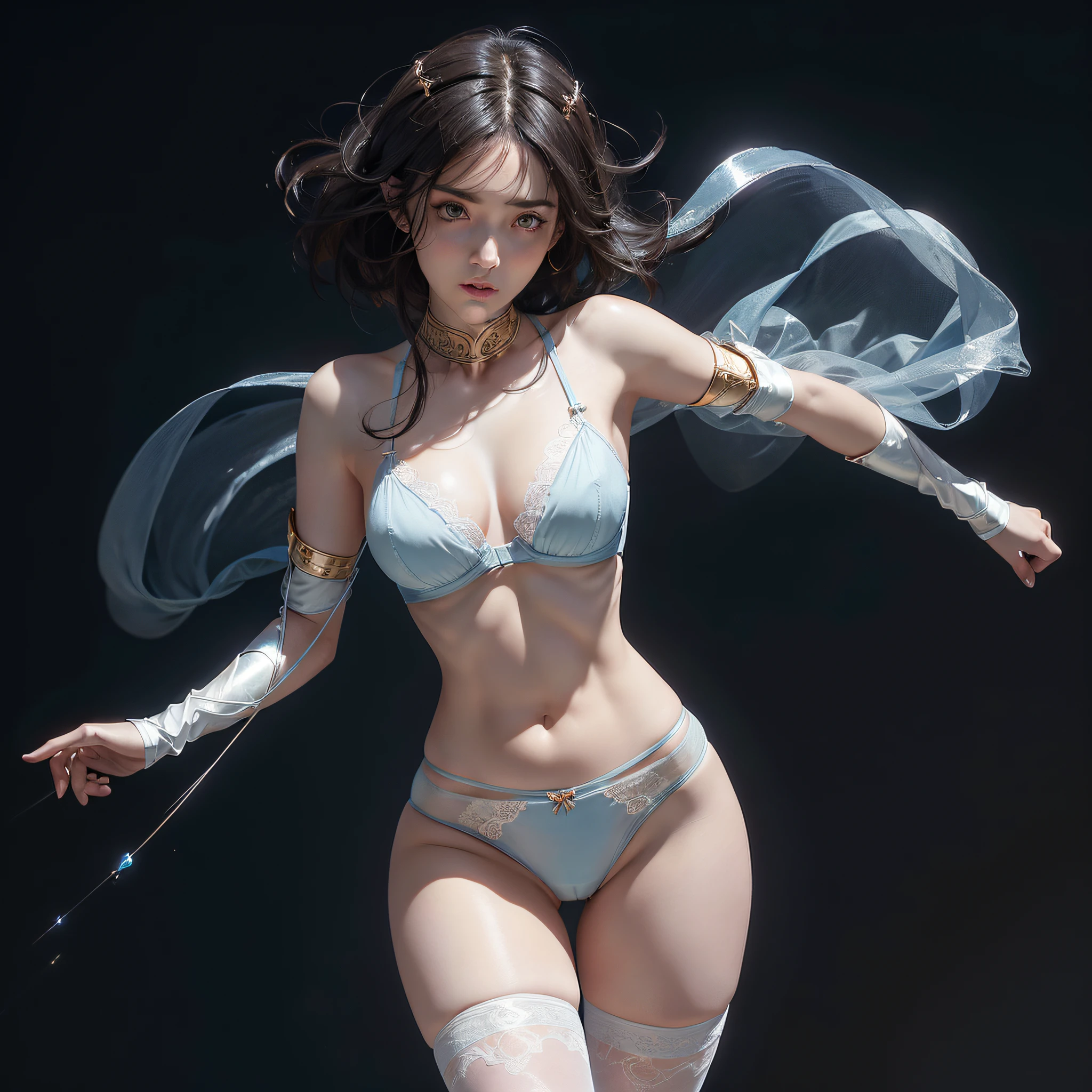 1girl, a woman in her 20s, ((pale chiffon blue underwear color: 1.4)), ((translucent underwear: 1.4), (very thin underwear; 1.4)), ((exposed cameltoe: 1.4)), (string micro bikini armor), (feeling facial expression)), short hair, (mega hair dreadlocks), dark background lighting, close-up, detailed facial details, perfect face, Sharpness, Tren Art, Sharp Face Details, Super High Quality, Line Art, High Fantasy, Exquisite 4K, Soft Lighting 8K, Dreamer, Anime, Line Art (Highly Detailed 8K Wallpaper), Golden Plate Armor, Dramatic Lighting and Shadows, 8K Resolution, Complex and High Resolution, Dramatic, Night, Female Solo, Full Body, Pixie Cut, Gauntlet, gloves, shoulder armor, black gloves, serious, (((crotch visible)), beautiful buttocks, ((black knee stockings)), (pubic shape 1.4), body shape is large breasts, no panties, waist thin, (underwear is visible), ((pubic shape is clearly visible: 1.4)), pure black eyeshadow, pubic hair, hair on the lower abdomen, slender, open crotch, large and easy to spill out of the bra, (pubic hair protruding very much), sexy pose, attractive, clean and beautiful face, pale skin, shiny skin, skin dents, delicate patterns, intricate details, thin waist, huge breasts ,nsfw