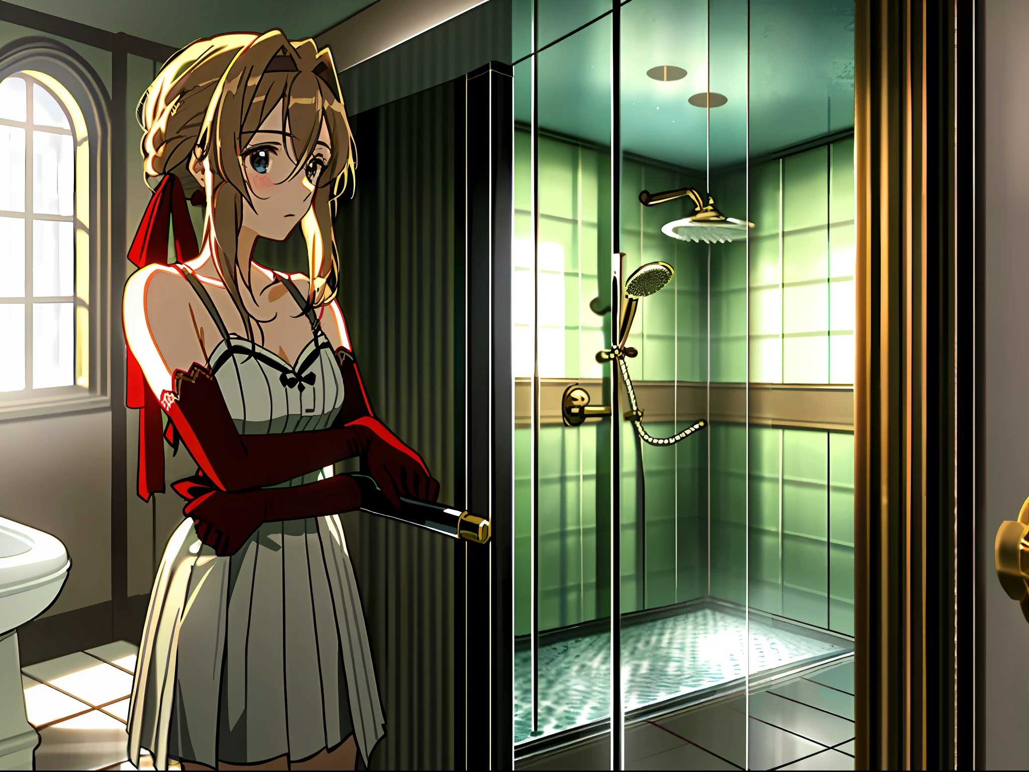 (masterpiece, best quality),1girl , Violet evergarden, red ribbon, undressing, underwear, shower room, elbow gloves