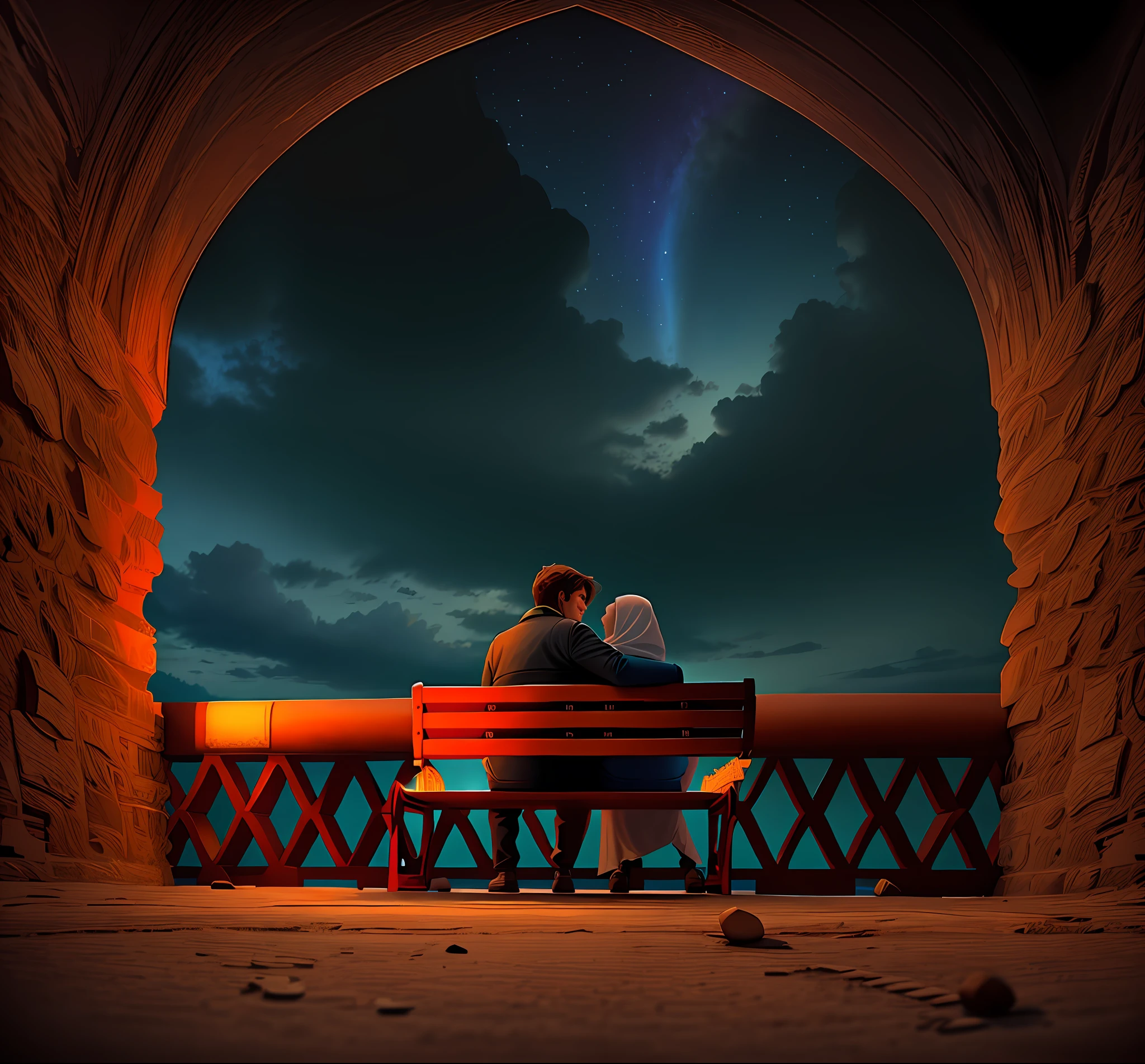 Illustration there are two lovers sitting on a bench in a Islamic tunnel, sitting in a castle, fotografia, romantic couple, illustration romantic!!!, romantic, a illustration edited, private moment, romantic scene, illustration medium shot taken from behind, Islamic architectural,high quality insane beauty sky, dramatic colours,night, illustration
