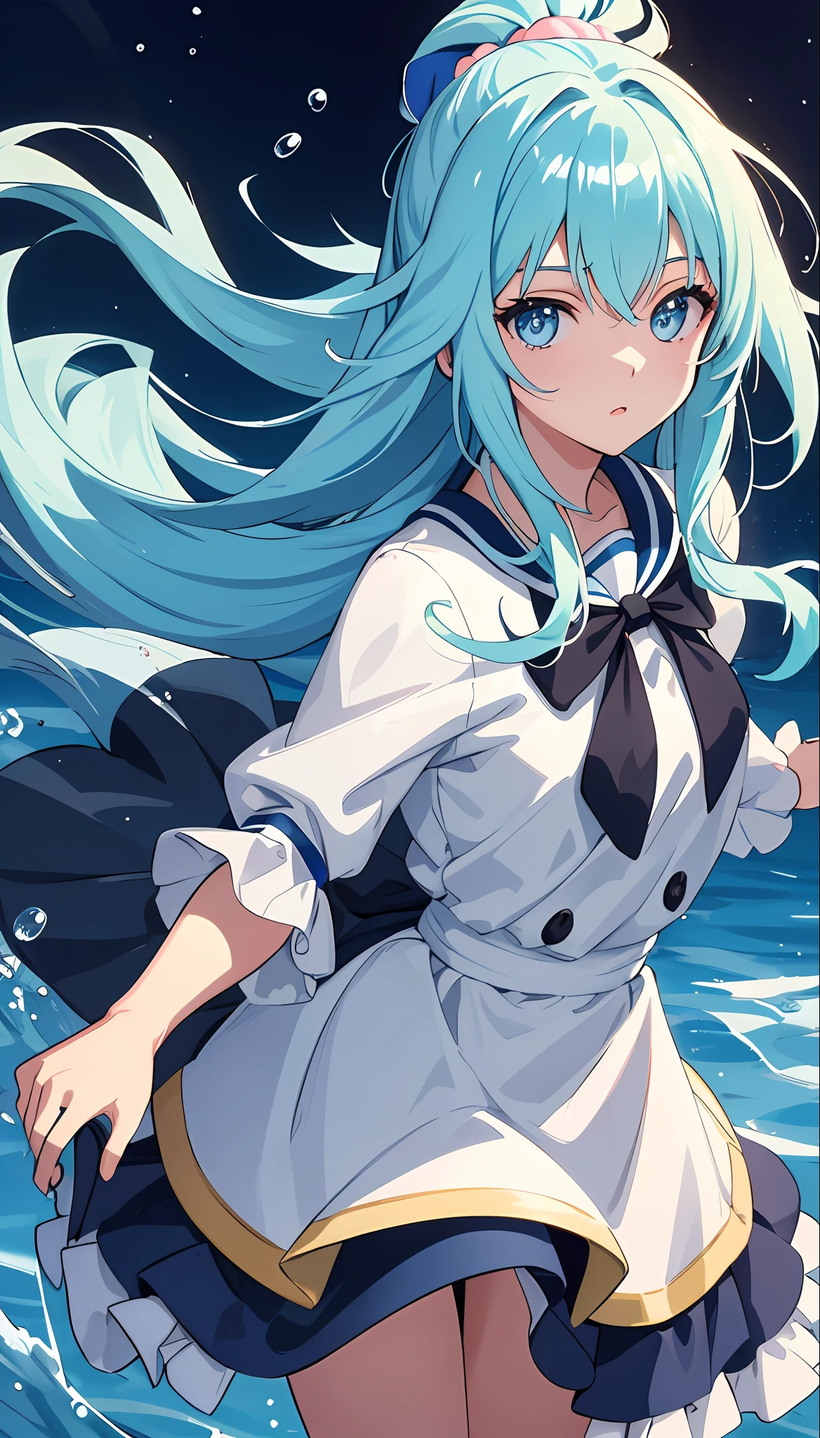 (masterpiece), (best quality), (ultra detailed),(shaggy hair),(illustration), (1girl), (fashionable clothes), standing, model, looking at the viewer, (interview), (simple background), beautiful detailed navy blue eyes, beautiful and delicate face, floating, (high saturation), (colorful splashes), colorful bubble, (bright), focus on face, ponytail, aqua_konosuba, light long blue hair, bangs, hair ring, floating flowers, Floating hair, (shiny), better lighting, better shade.
