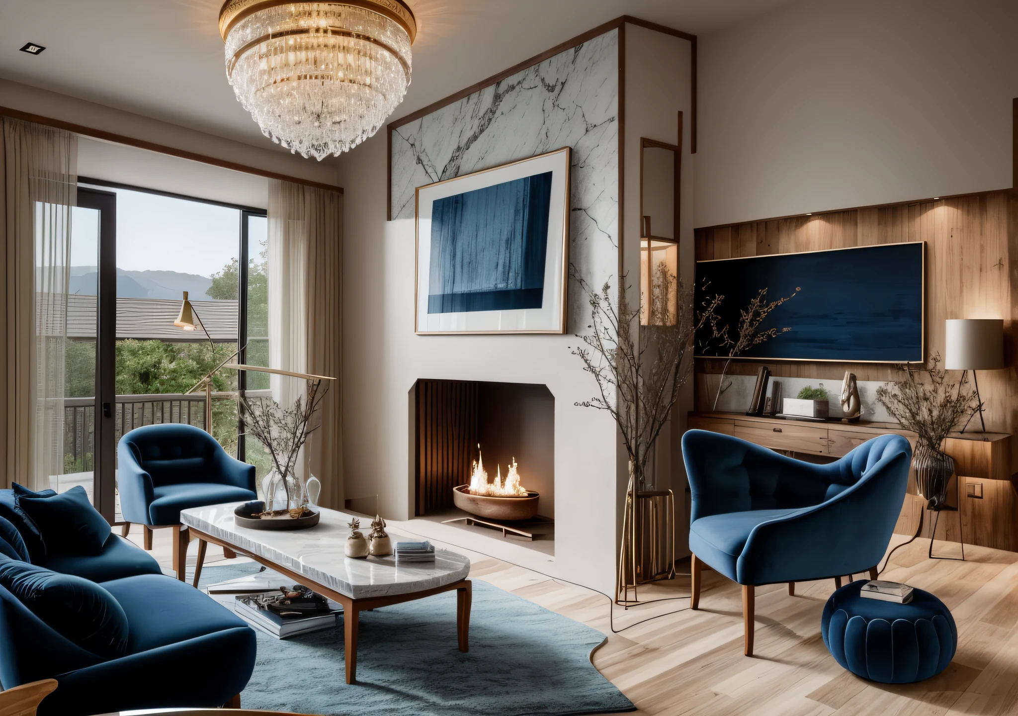 a beautiful interior with wooden slats wall and wooden floor, blue velvet armchair and sofa, night lighting, marble table, beautifully decor, nice artwork