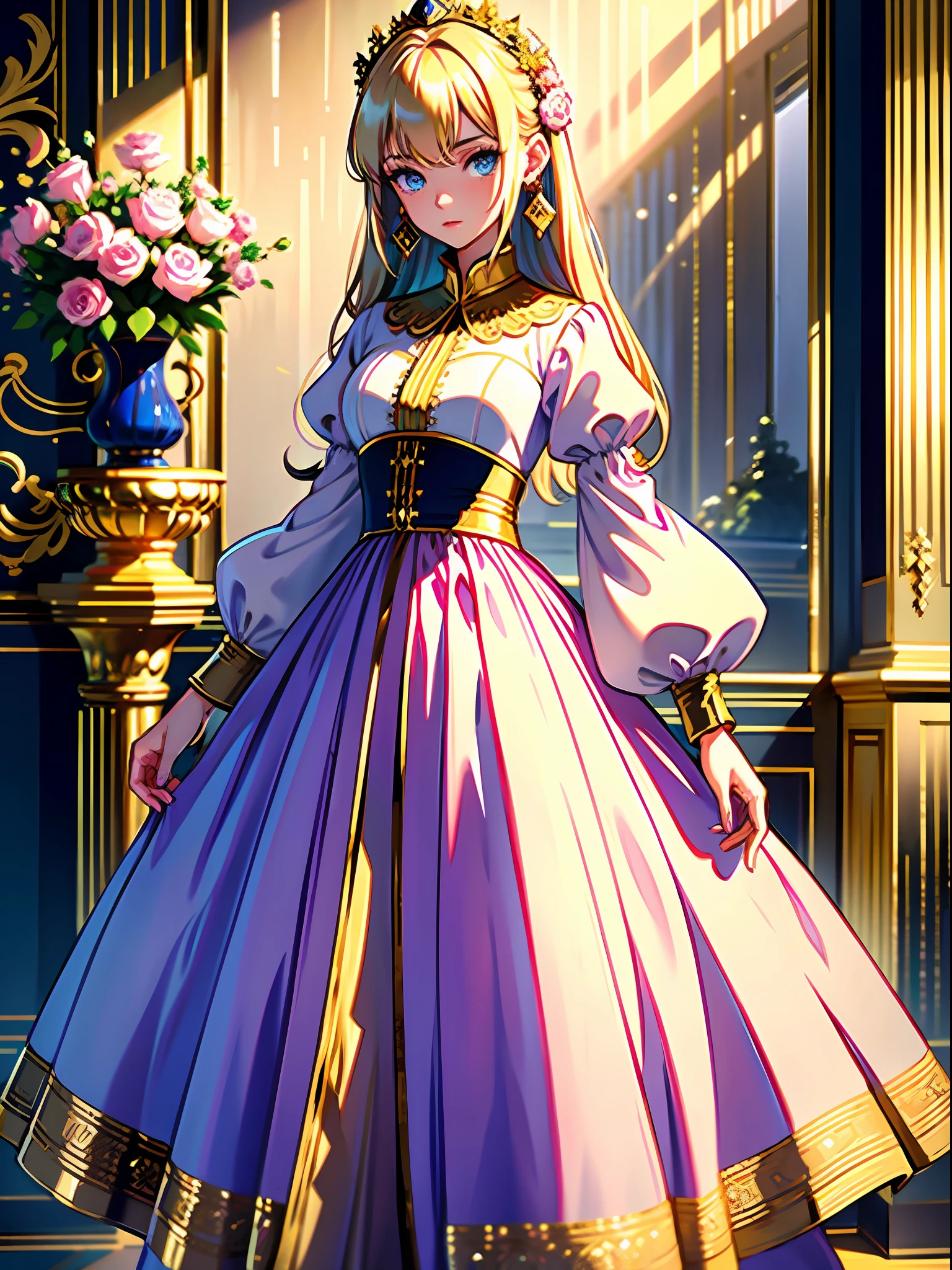 (best quality, masterpiece), portrait, 1 girl, alone, (blonde hair, long, with ornaments), (blue eyes), fine earrings (long dress, long sleeves, pink with gold details) (luxurious background)