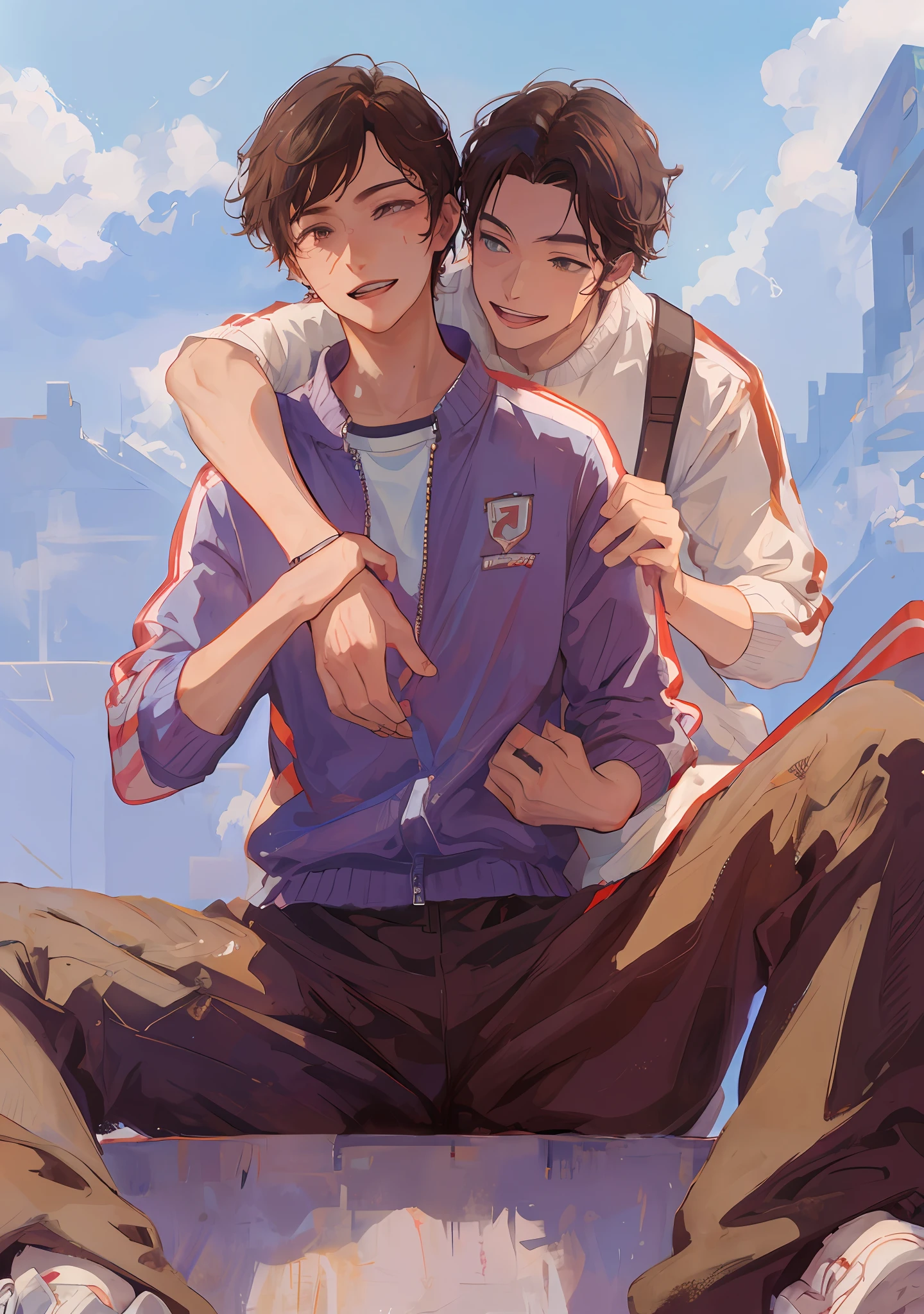 BL, from below, two male students, happy smiles, student heads, cheering, wearing tracksuits, clouds, hands in pockets, hands clutching the other person's hand, sky