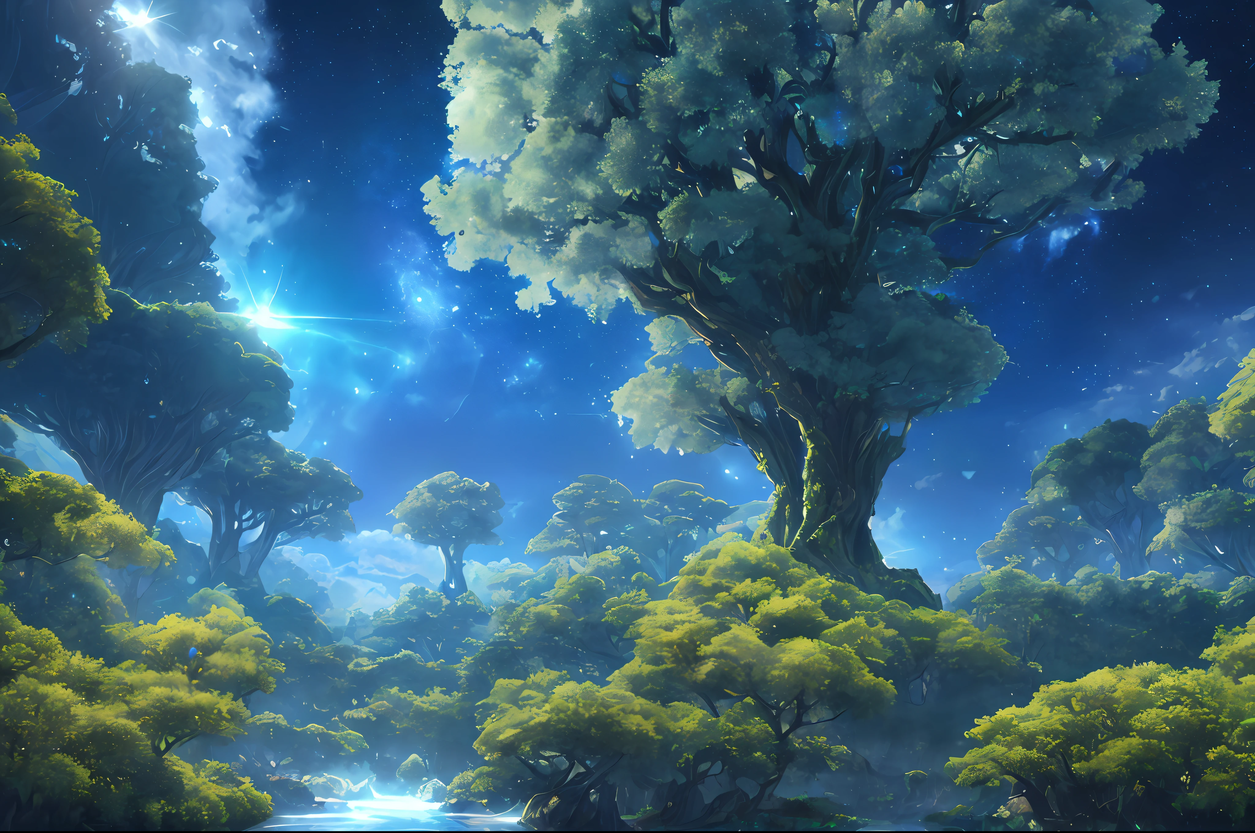 Illustration of a hyperrealistic , otherworldly, ultrasky scene featuring a giant crystal tree full body,very detailed and magical lighting, intricate forest details, vegetation and river around, solarpunk ,landscape, giant tree, beatifull leafy with beautiful lighting and realistic proportions, as if it were a cinematic background, 8k, highest quality, masterpiece, clouds and stars in the sky.