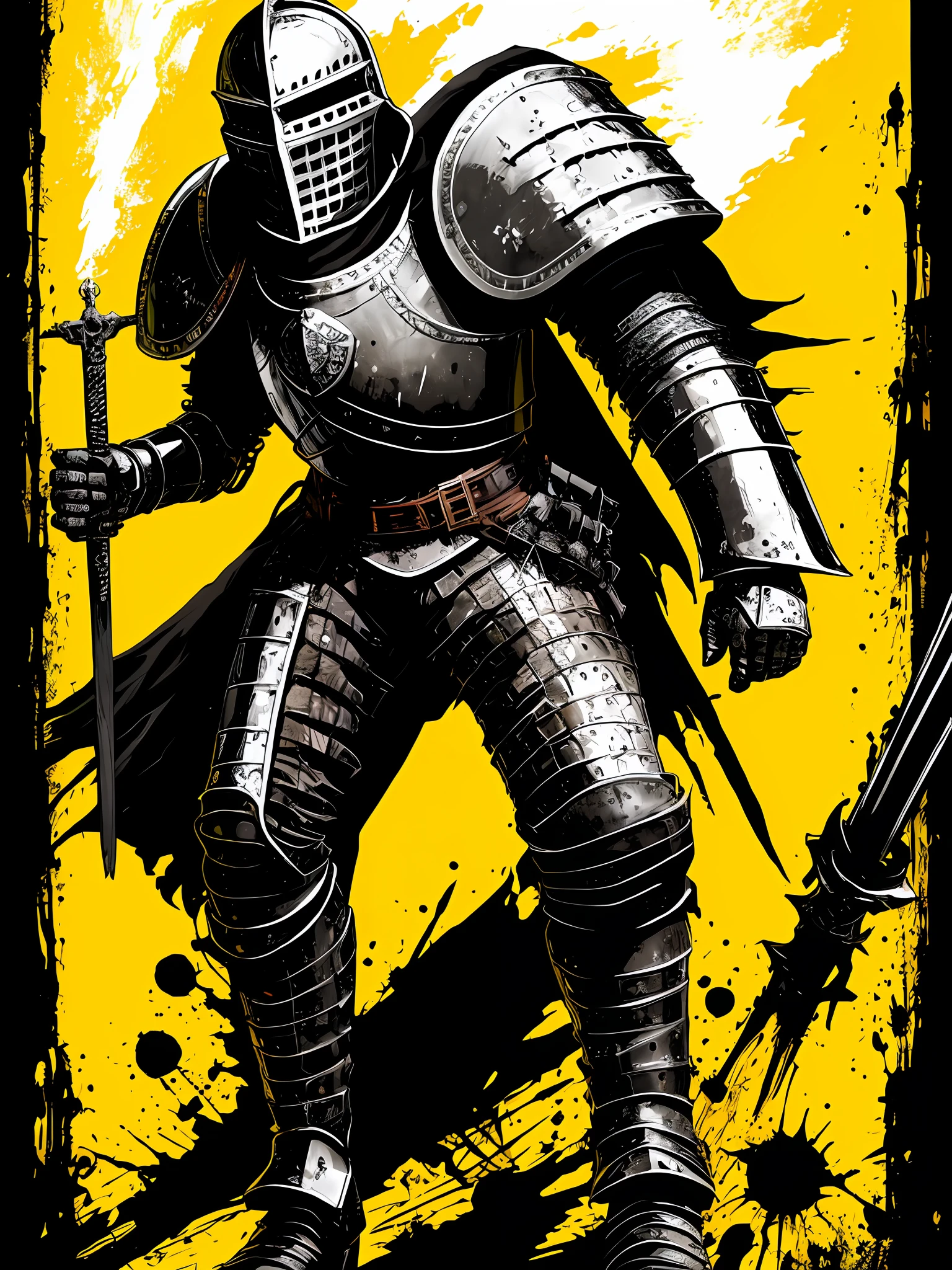 (a full body medieval knight, solo, black and white), in the style of Mork Borg, strong contrast, grunge dirty punk splash art, zine black metal, yellow and black medieval background