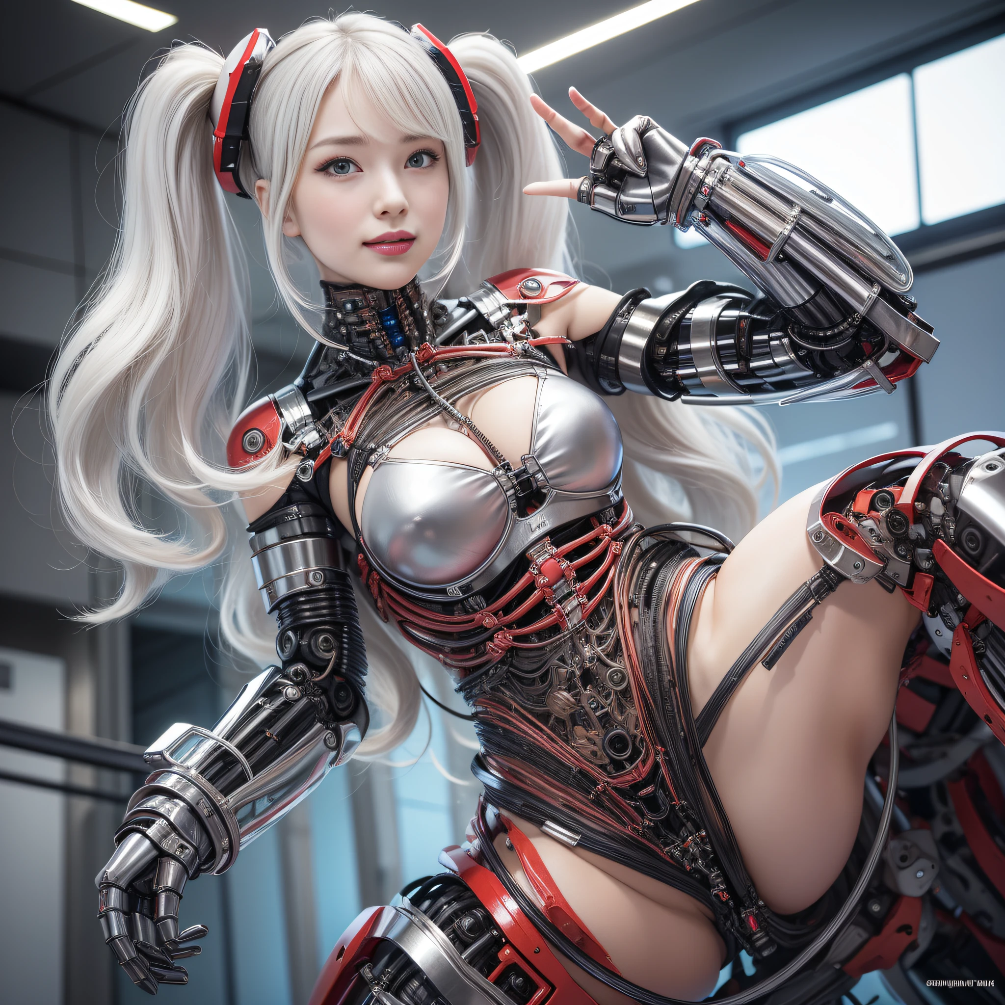 Beautiful Face,face is Japan, 1 Woman, Big, Curvaceous, (16k, RAW photo, top quality, masterpiece: 1.2), (HDR, Realistic, Photorealistic: 1.37) (tube attached to the body), (Bikini Cyborg robot parts)))), (light gray hair), Long hair, Wavy hair, Twin tails, Medium shot, ( Seductive smile)), (black eyes), princess cut,from below,(whole body),posing,,in the lab,( tube connected to blood vessel),((mechanical vertebrae attached to the back)),((mechanical neck attached to the neck)),(wire cable attached to the head and body),(character focus),science fiction,perfect female figure,perfect anatomy,ultraanatomy, Full body shot, up to 4 fingers and 1 thumb relationship,