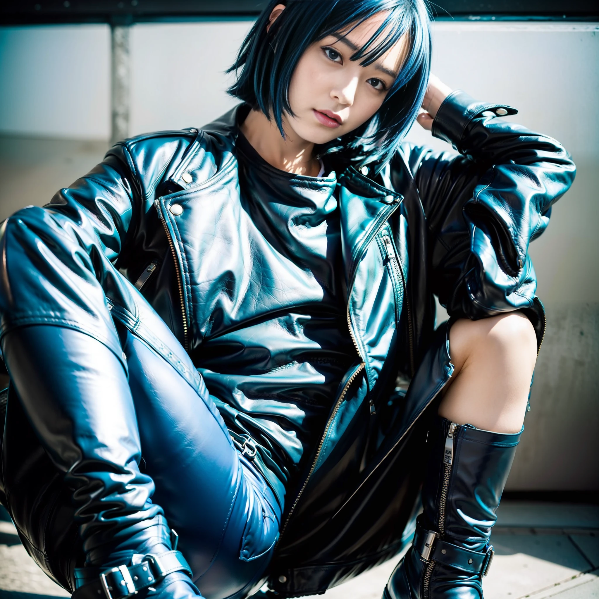 Japan Female 18 years old Portrait Looking at Camera Boyish Wild Cool Blue Riders Jacket Leather Pants Leather Boots 180cm F Cup Blue Hair Short Bob