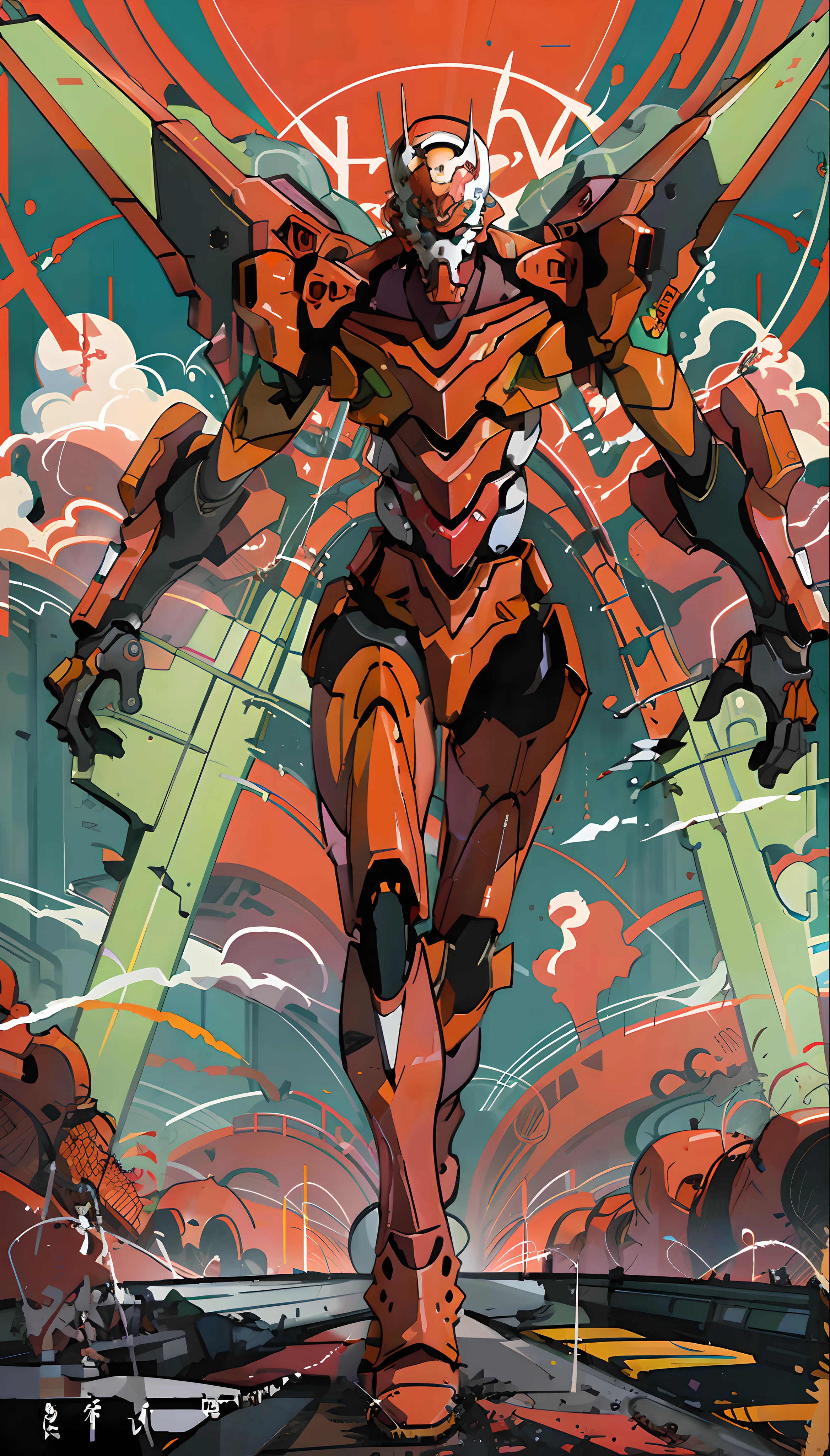 Eva 02, Eva, Evangelion Mecha, Science fiction, Look at the audience, (official art, best quality, Masterpiece: 1.2), illustration, high resolution, beautiful abstract background, futuristic, manga style