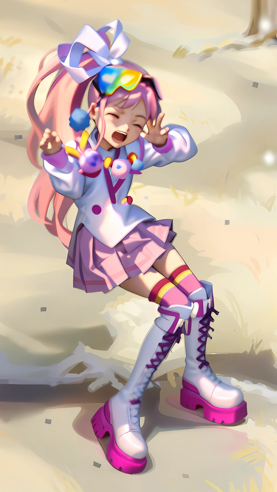 (Masterpiece: 1.5), (Best quality: 1.5), 8k,1 girl, eyes closed, mouth open, screaming, pink hair, single ponytail, white top, pink pleated skirt, pink over-the-knee socks, white boots, (snow: 1.5)