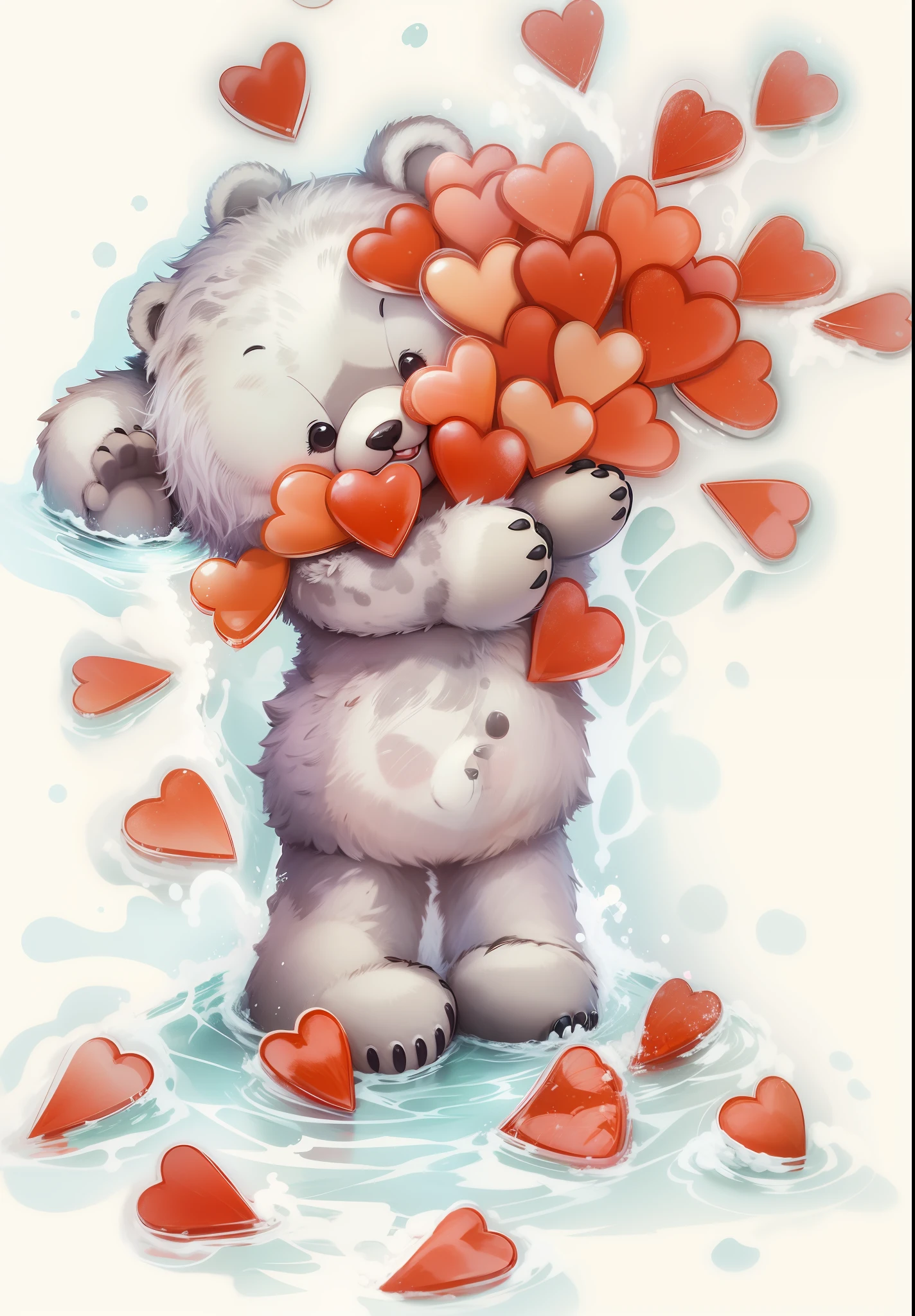 A cute bear hugging many hearts.