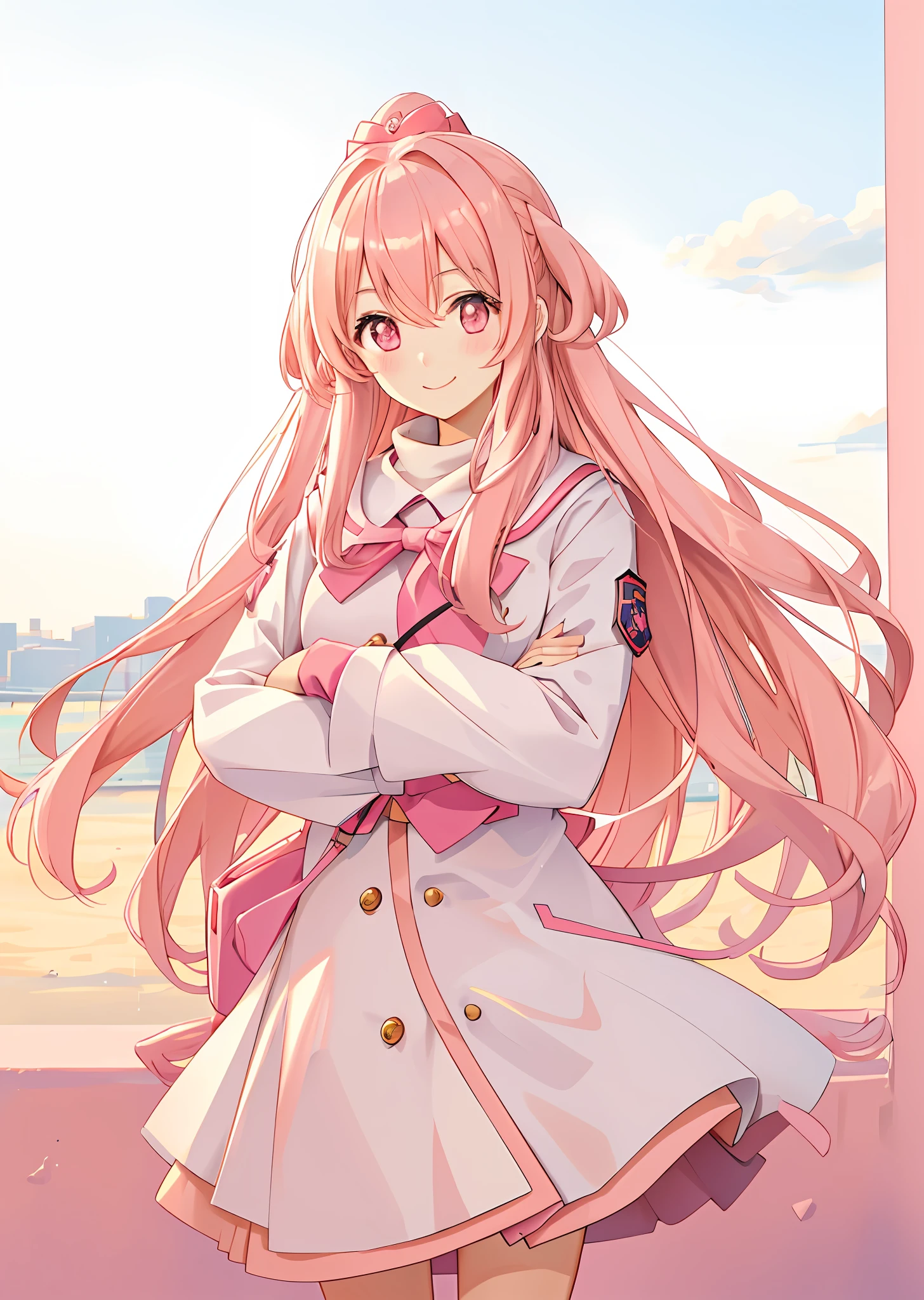 woman pink peach long hair peach pink eyes high school coat winter cute shy smile