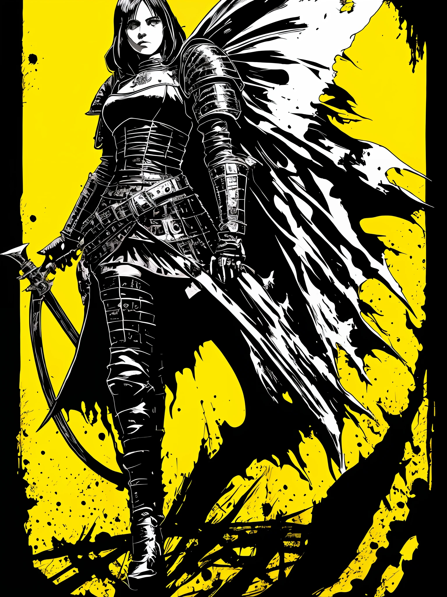(a full body medieval woman knight, solo, black and white), in the style of Mork Borg, strong contrast, grunge dirty punk splash art, zine black metal, yellow and black medieval background