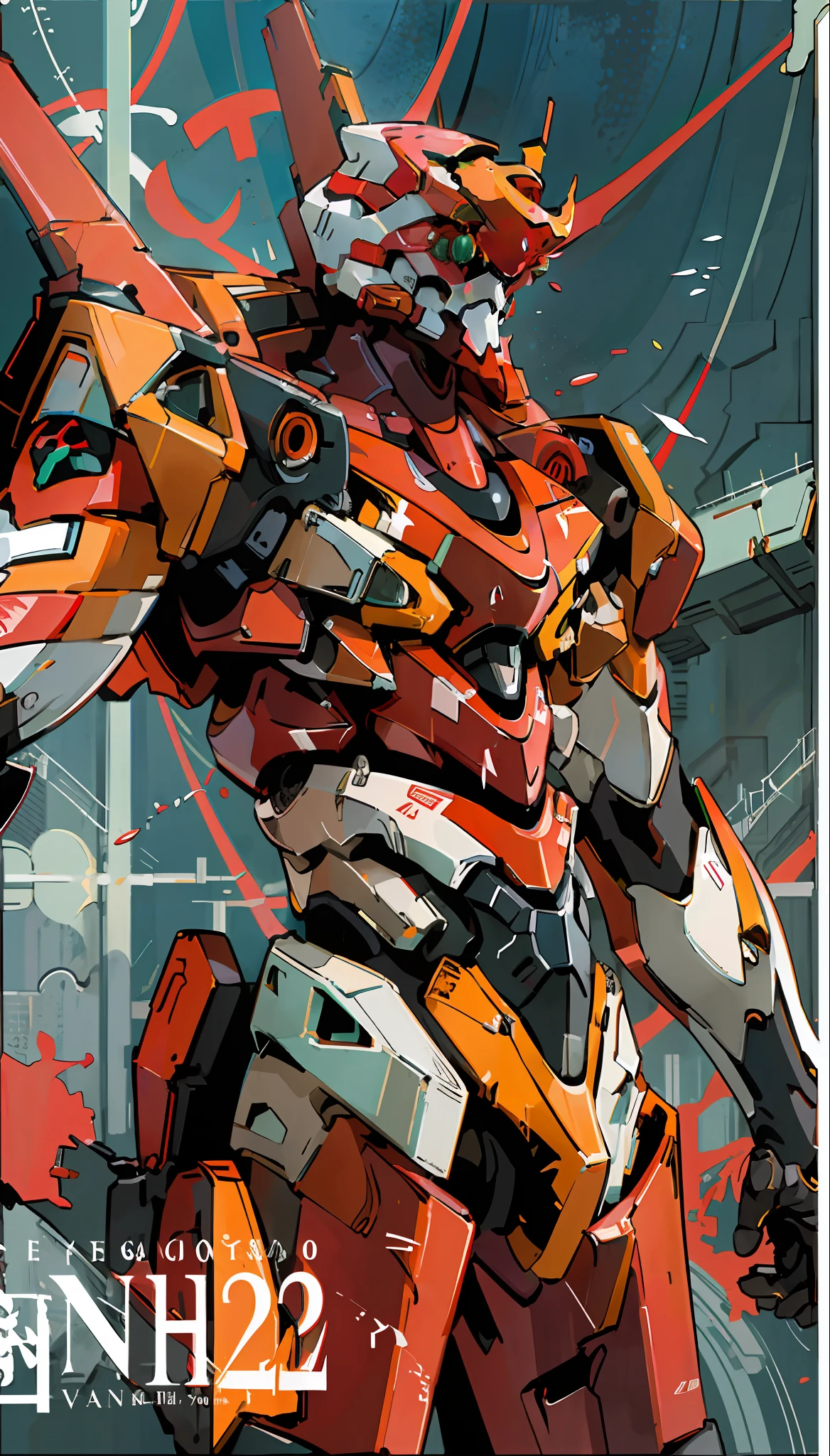 Eva 02, Eva, Evangelion Mecha, Science fiction, Look at the audience, (official art, best quality, Masterpiece: 1.2), illustration, high resolution, beautiful abstract background, futuristic, manga style