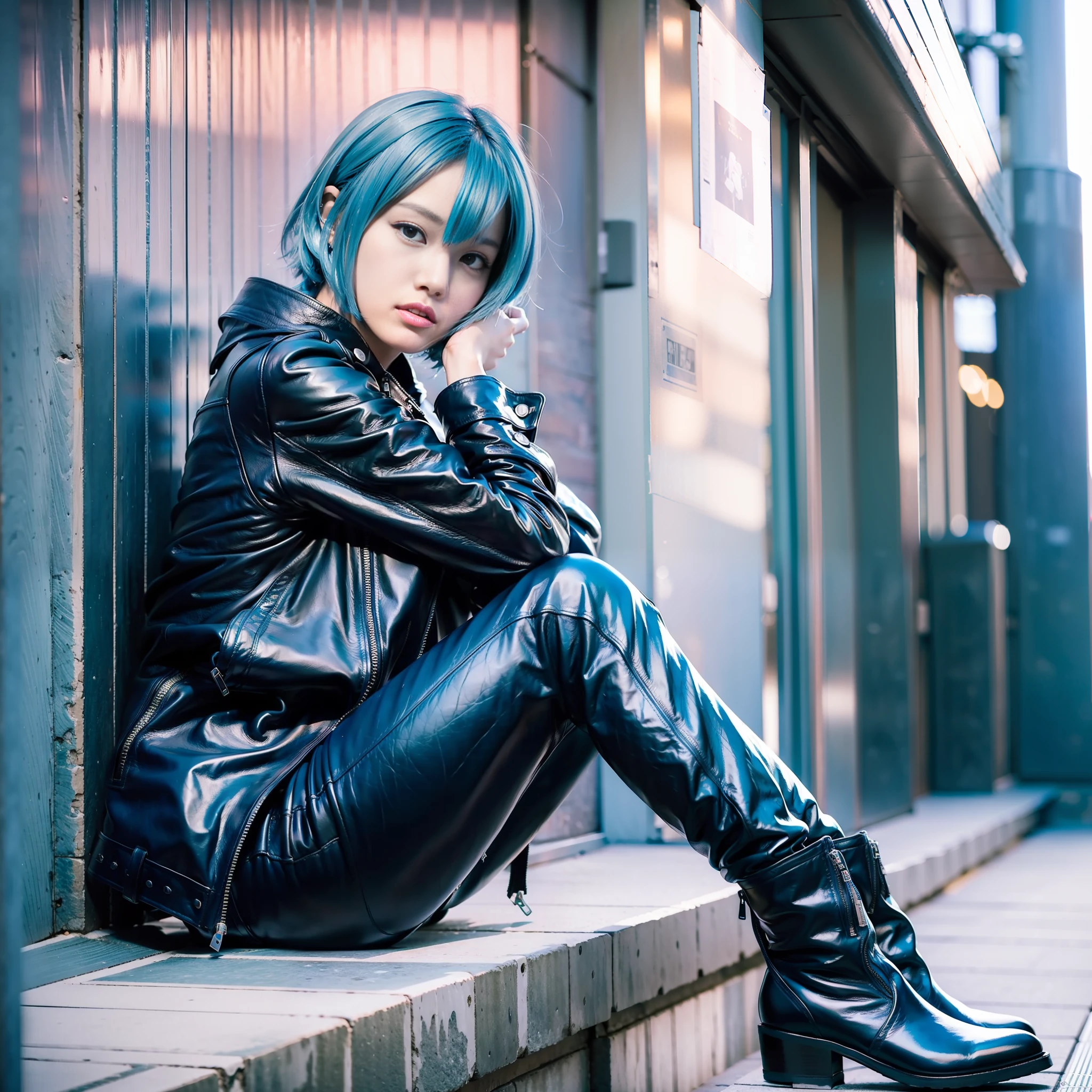 Japan Female 18 years old Portrait Looking at Camera Boyish Wild Cool Blue Riders Jacket Leather Pants Leather Boots 180cm F Cup Blue Hair Short Bob