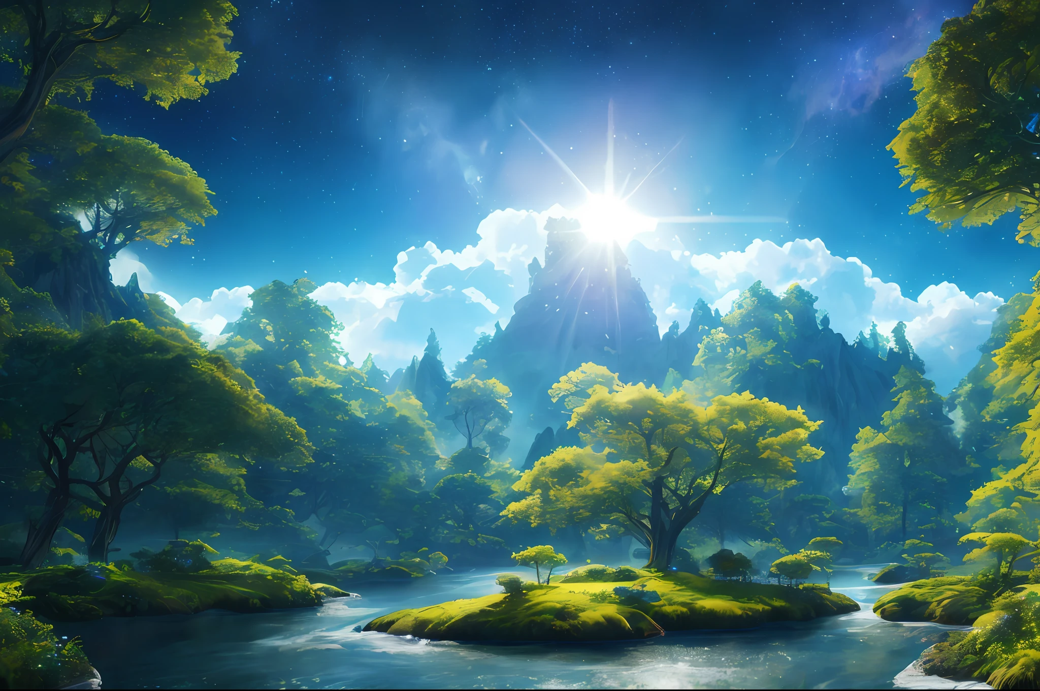 Illustration of a hyperrealistic , otherworldly, ultrasky scene featuring a giant crystal tree full body,very detailed and magical lighting, intricate forest details, vegetation and river around, solarpunk ,landscape, giant tree, beatifull leafy with beautiful lighting and realistic proportions, as if it were a cinematic background, 8k, highest quality, masterpiece, clouds and stars in the sky.