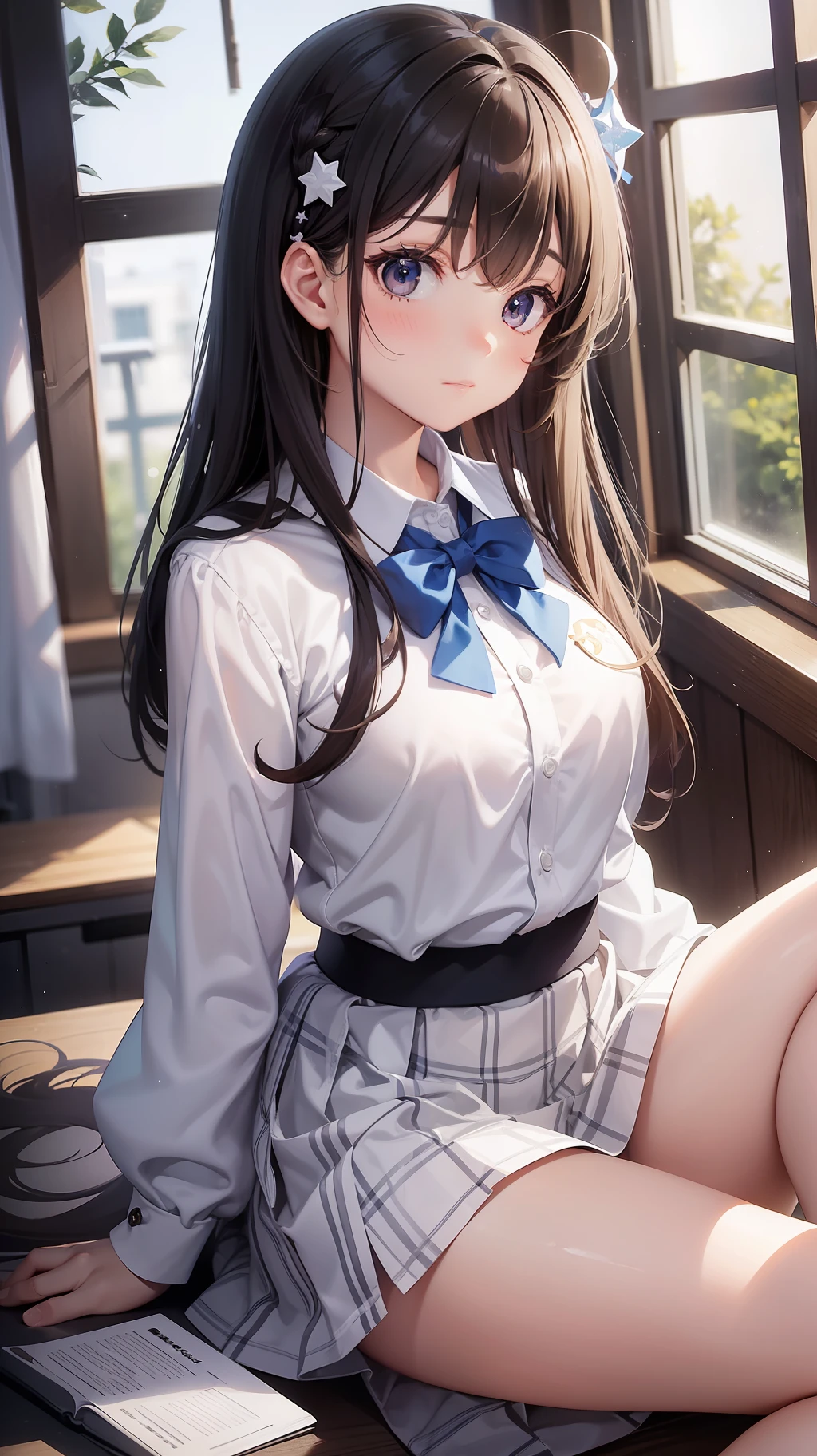 1 girl, cute, dizzy swirly eyes, swirly stars above head, wearing white uniform, sitting in classroom, classroom windows background, perfect lighting, perfect body size, legs open, hair pins