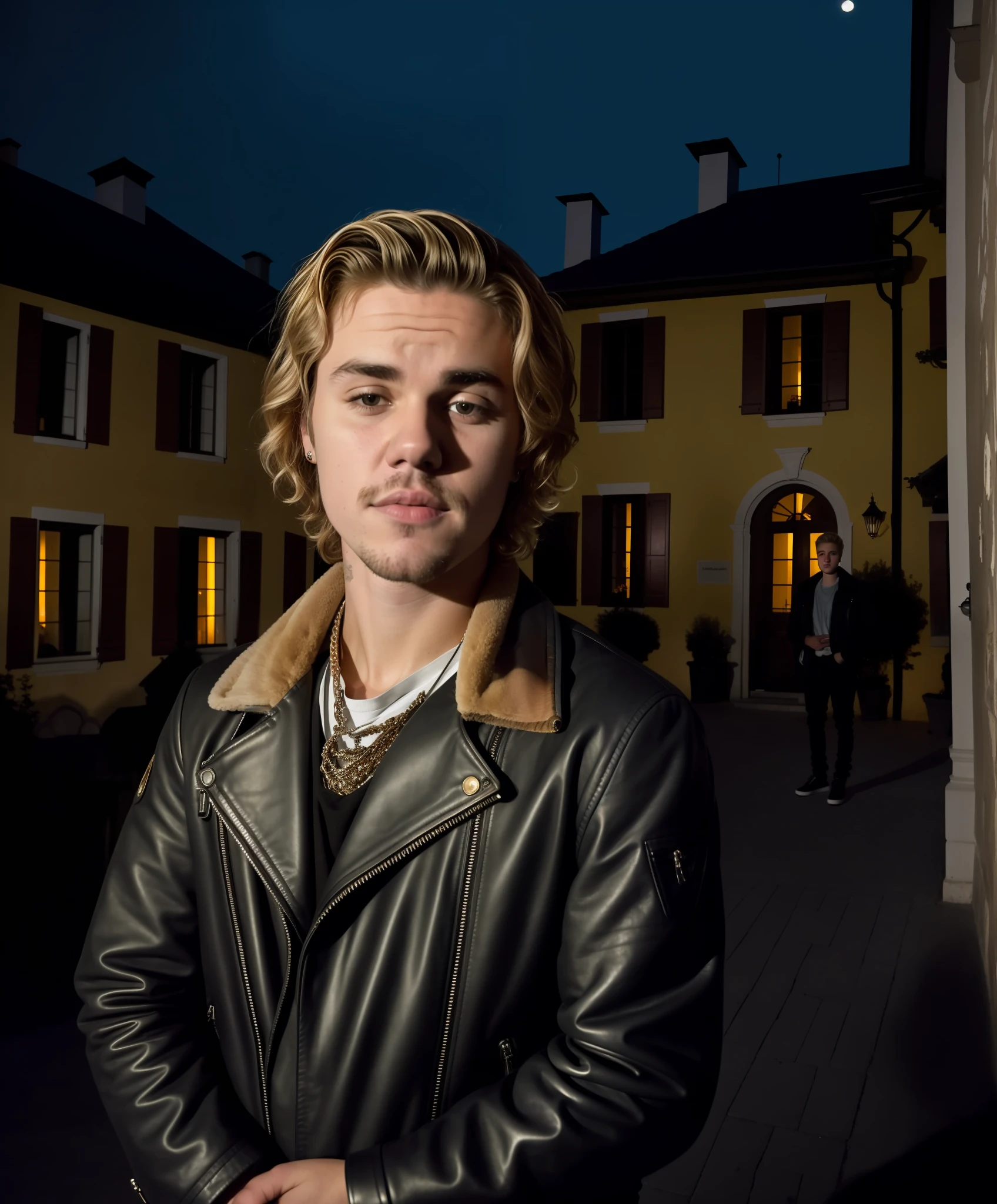 Portrait of Justin Bieber, with short hair, bearded, with broad shoulders, facing Mozart's house in salzburg at night. He's wearing a men's leather jacket, black jeans, with a serious facial expression with his eyes closed, dramatic lighting