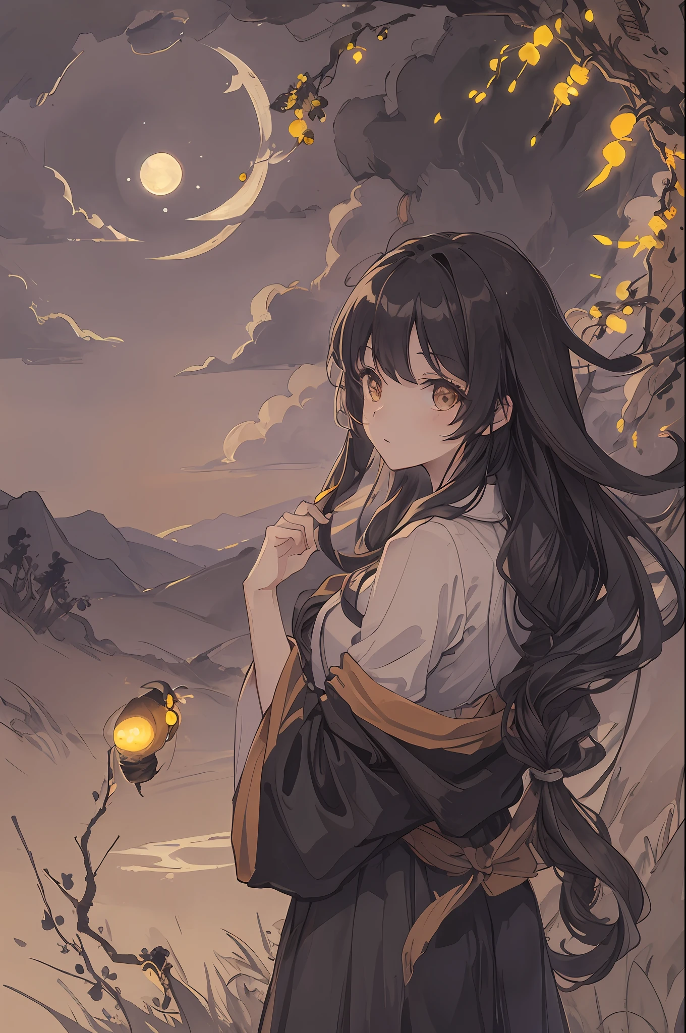 Masterpiece, best quality, night, hills, clouds, full moon, long hair, woman, silhouette, fireflies.