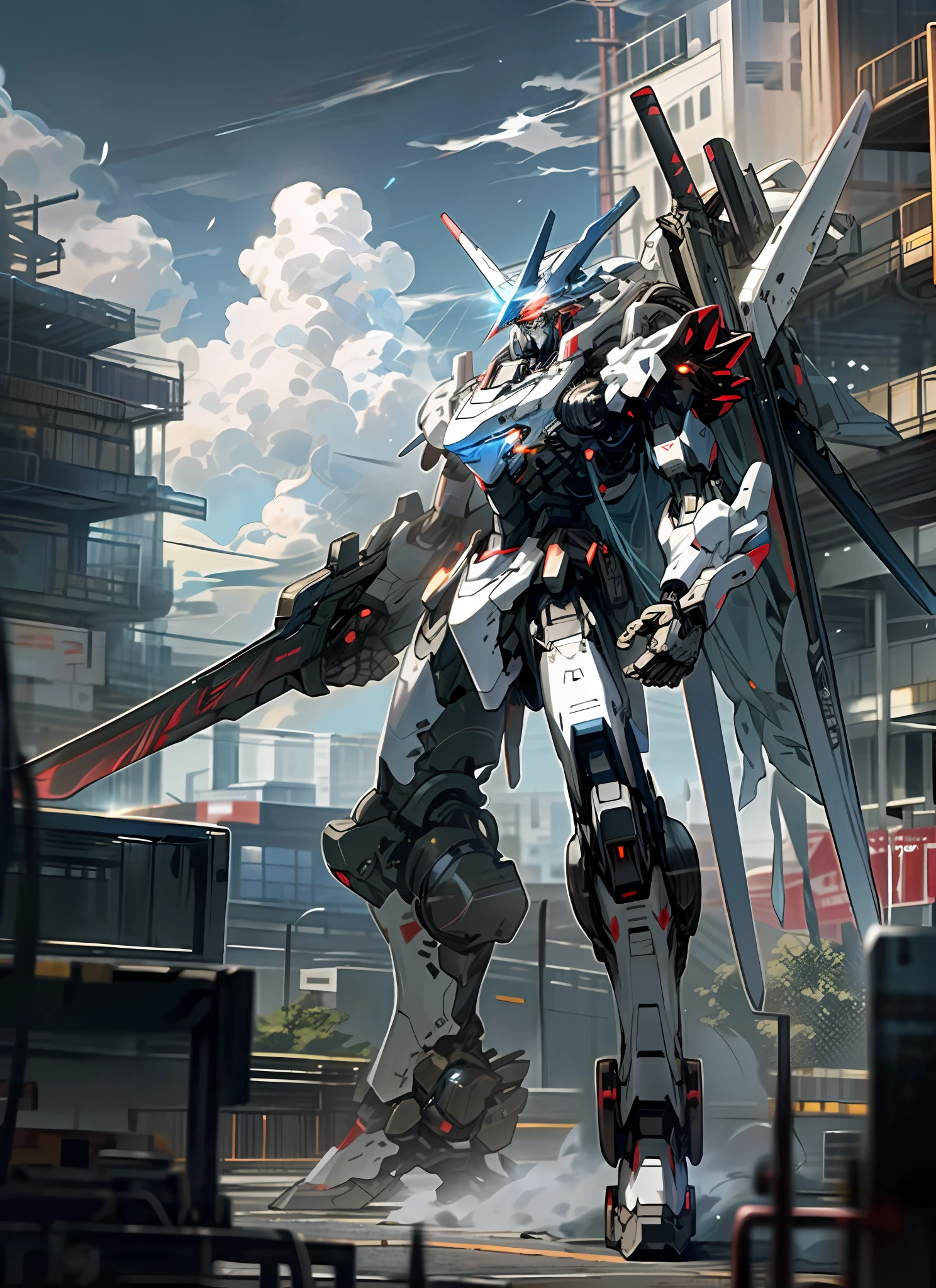 Sky, Clouds, holding_weapon, no_humans, Glow, Robot, Building, glowing_eyes, Mecha, Science Fiction, City, Reality, Mecha, Full Body, Blue and Red Metallic Luster