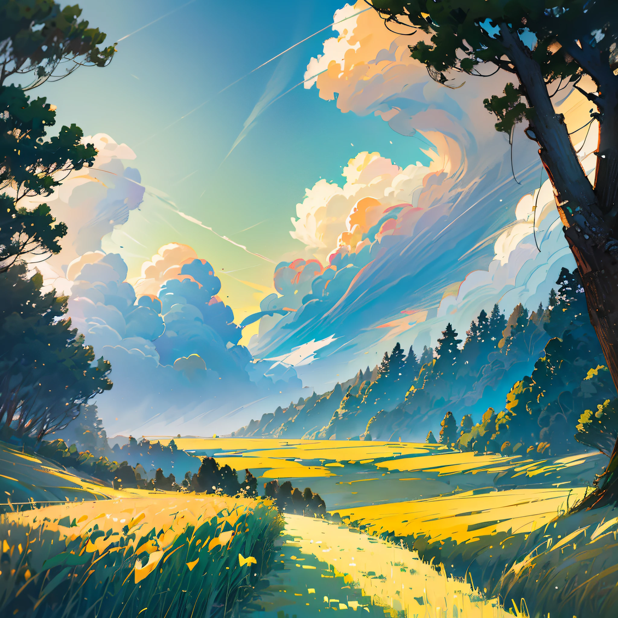 Wheat field, big clouds, blue sky, rice field, pure rice seedlings in the field, forest, hillside, isolated, rural, HD detail, hyper-detail, cinematic, surrealism, soft light, deep field focus bokeh, ray tracing and surrealism. --v6