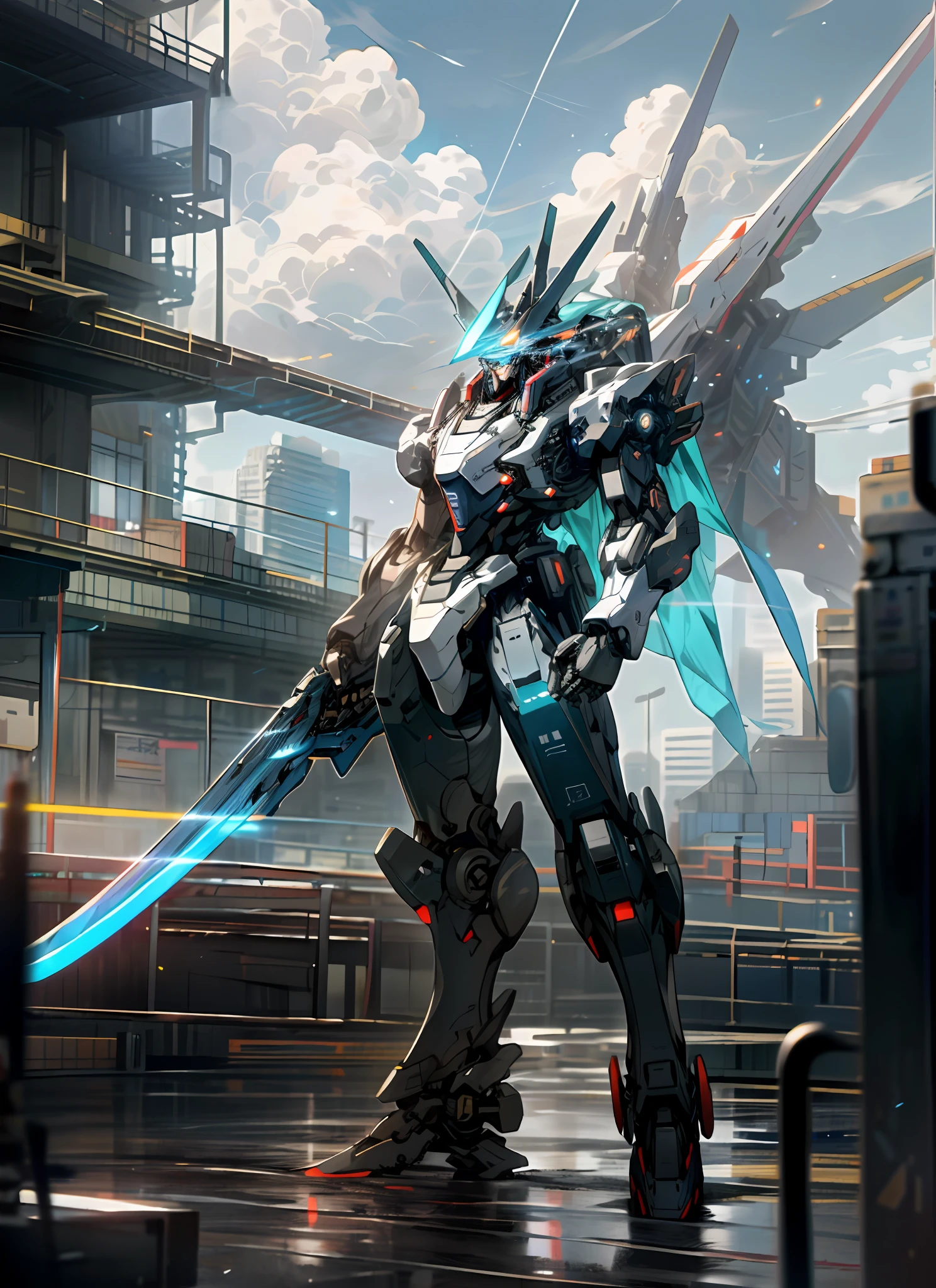 Sky, Clouds, holding_weapon, no_humans, Glow, Robot, Building, glowing_eyes, Mecha, Science Fiction, City, Reality, Mecha, Full Body, Blue and Red Metallic Luster
